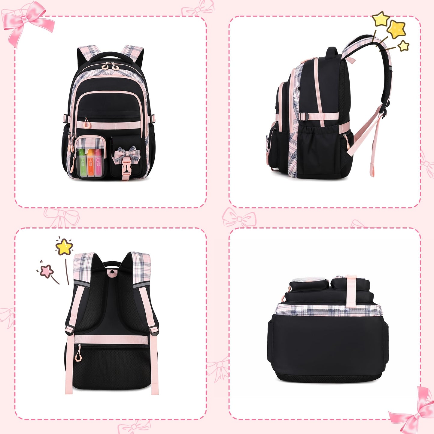QIXIHU Girls Backpack, 17-Inch Bookbag for Middle & Elementary School, Kawaii Kids Backpack for Girls Ages 6-12(Black Pink)