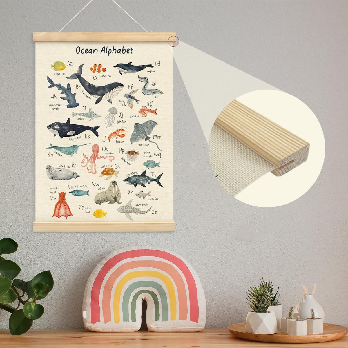 MOFUYU Ocean Nursery Decor,Ocean Alphabet Poster for Classroom Wall,ABC Posters Hanger Frame for Kidsroom,Nursery,Classroom,Kindergarten 12x16 Inch