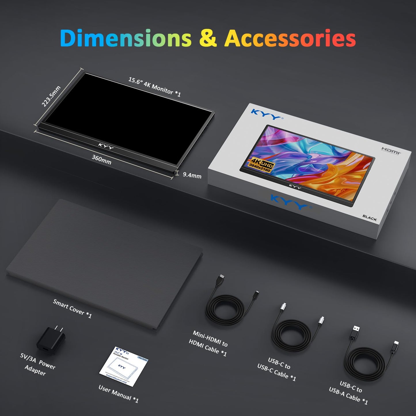 KYY 4K Portable Monitor for Laptop, 15.6'' Computer Screen Extender UHD 3840x2160,100% sRGB, 400 Nits, IPS Travel Monitor w/Speakers & Smart Cover for Laptop Xbox PS5 Switch PC Phone, VESA Compatible