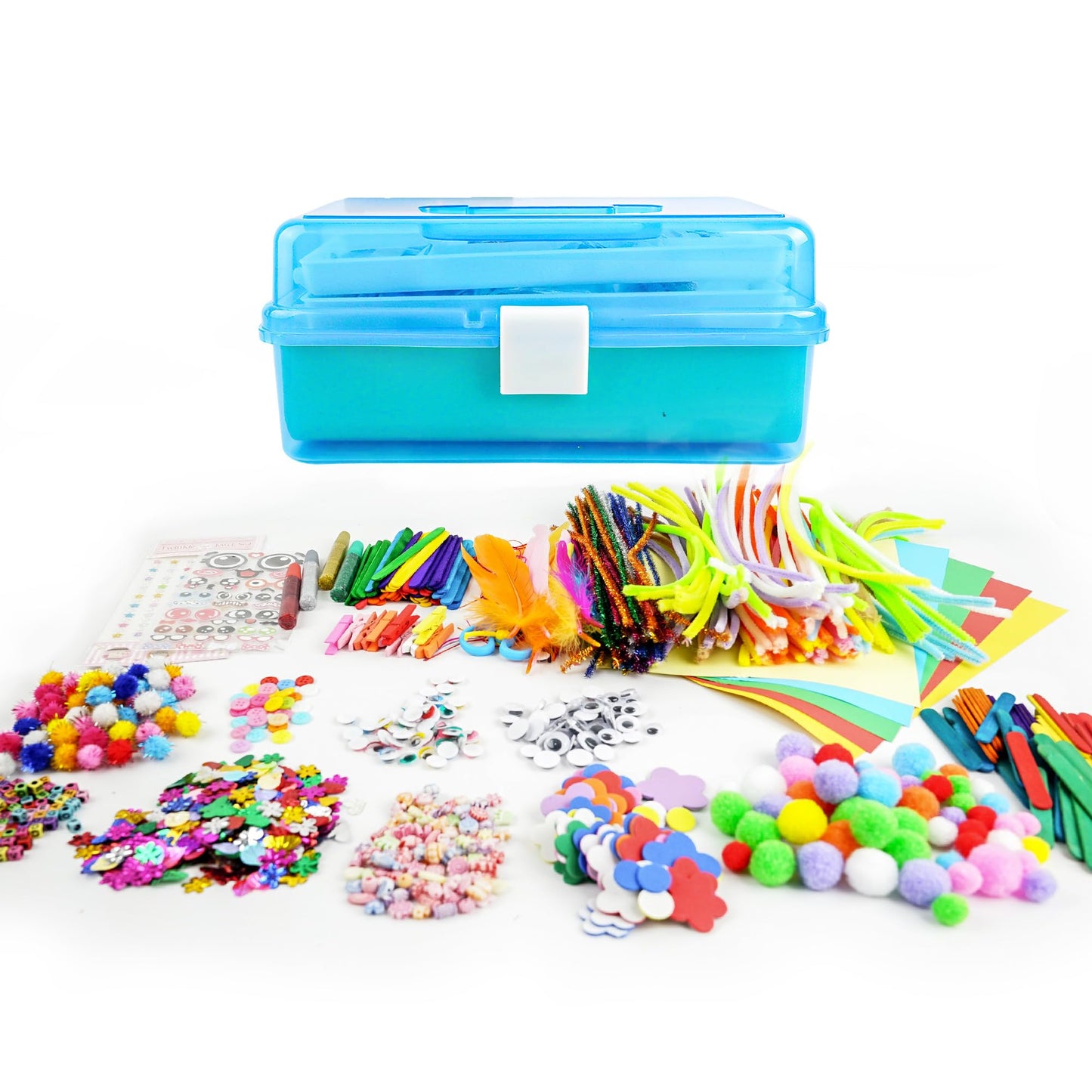 SMILESSKIDDO Arts Craft Supplies for Kids - 1000+ PCS Toddler DIY Craft Art Supply Set, Portable 3 Layered Folding Storage Box School Craft Projects - Gifts for Girls Ages 4-8, 8-12, Blue