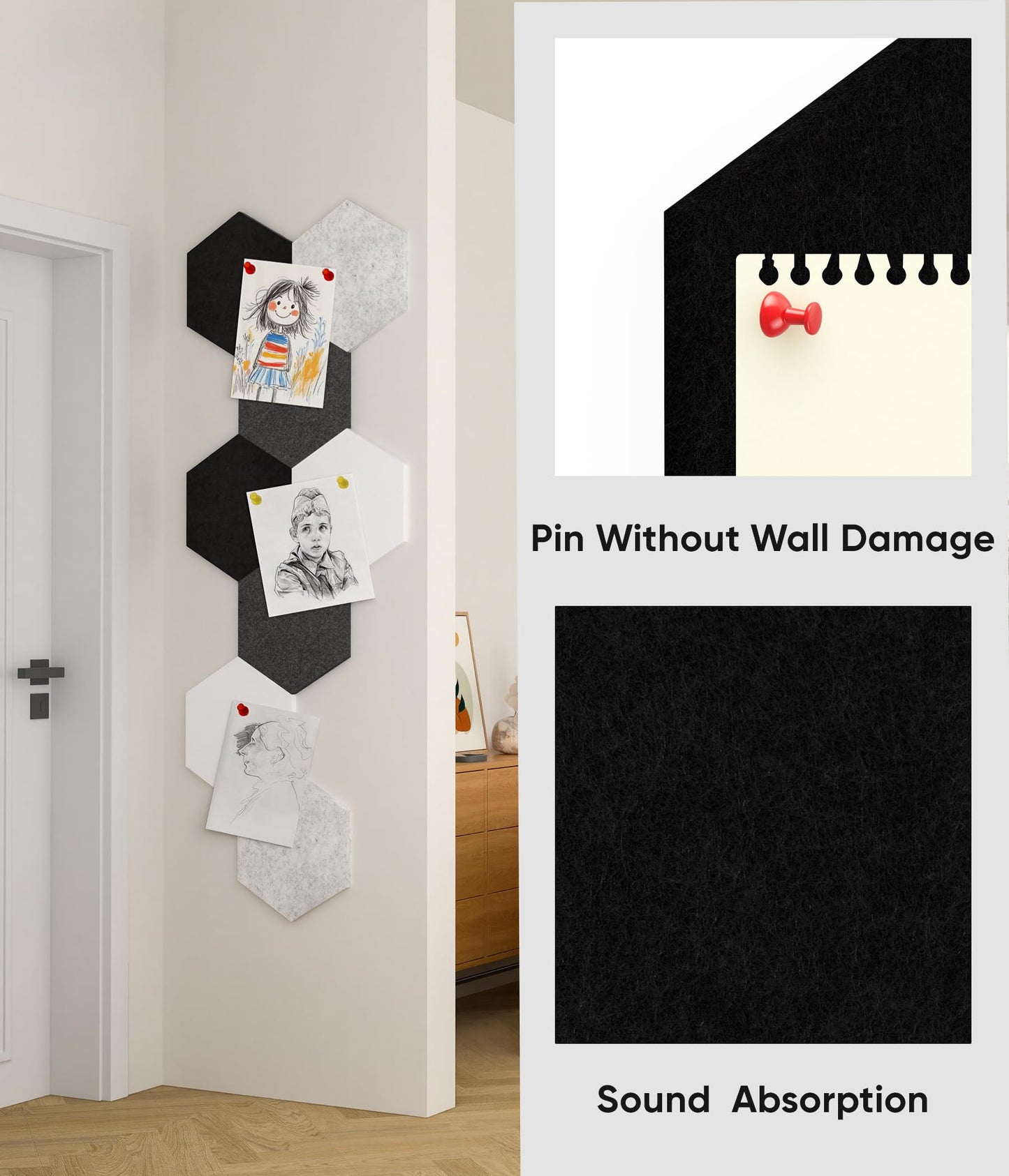Toptople 12 Inch Large Hexagon Cork Board for Walls, 8 Pack Felt Bulletin Board Tiles, Pin Board with Push Pins for Office Photo and Note, Gradual Gray