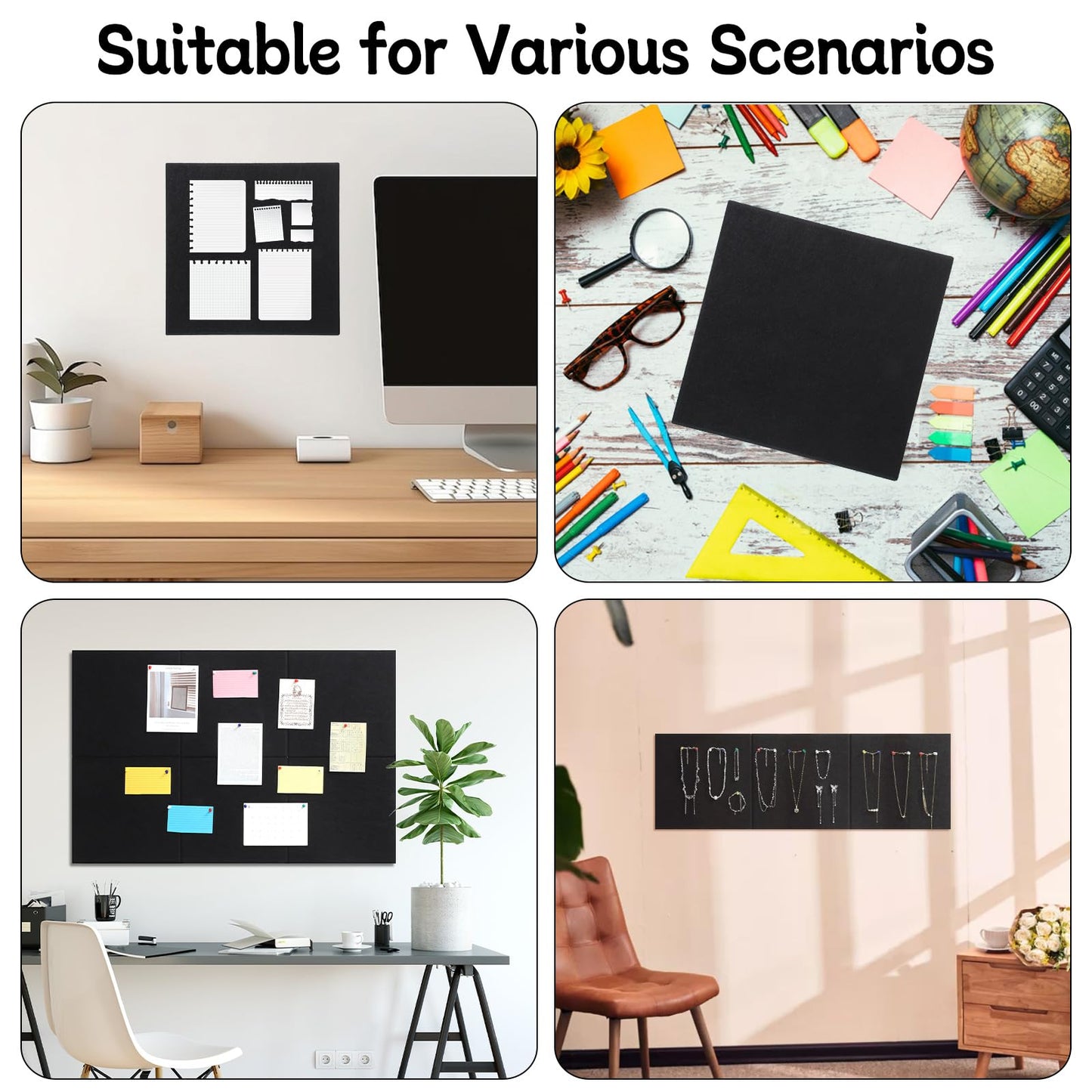 Large Cork Board 28" x 19", 6 Pack Felt Bulletin Board with Pushpins, Cork Boards Alternative with Self-Adhesive Strips, Felt Wall Tiles Pin Boards for Walls Office Home School Decor-Black