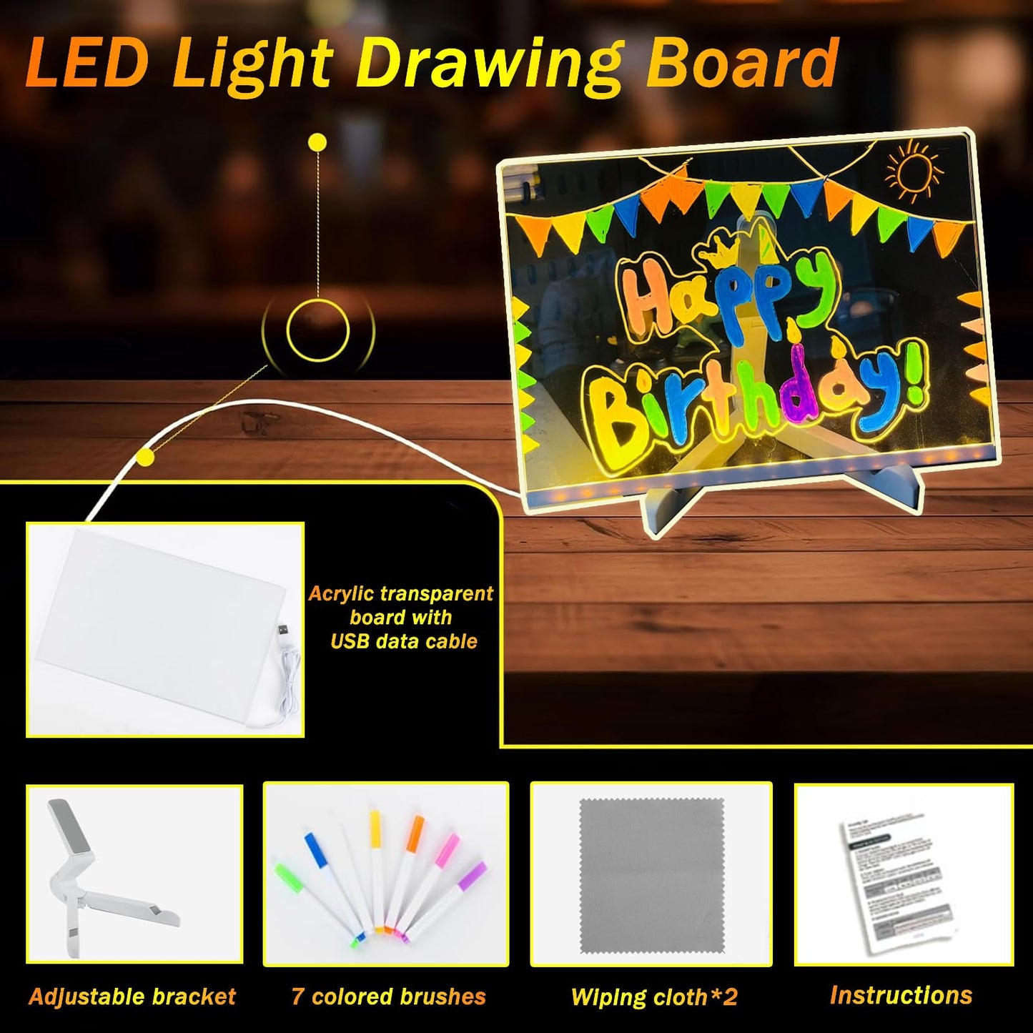 LED Note Board with Colors, Light Up Acrylic Message Board, Glowing Acrylic Dry Erase Board with Light, Led Drawing Board with Stand, 7 Markers (Small 5.9 * 5.9 inches)