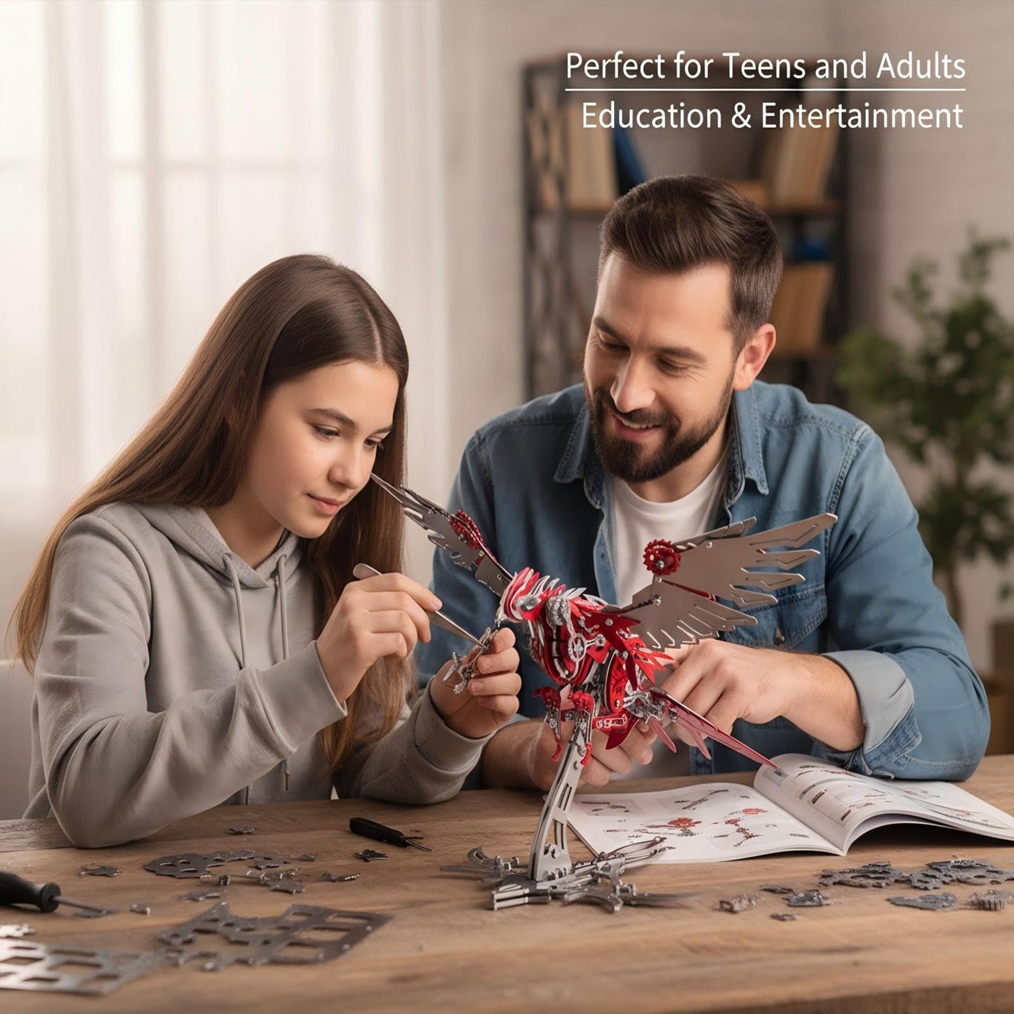 Eagle 3D Metal Puzzles for Adults, 279 PCS Stainless Steel DIY Mechanical Metal Model Kits, No Glue Assembly with Movable Joints, Challenging Metal Building Kit Desk Decor Gift (Silver Red Eagle)