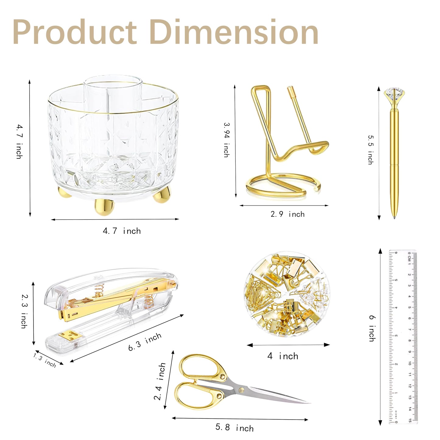 Gold Desk Accessories, Office Desk Organizers and Accessories 360°Pen Holder Acrylic Stapler Set, Phone Holder, Ballpoint Pen, Scissor, Binder Clips, Ruler, Transparent Glue, Sticky Note and Staples.