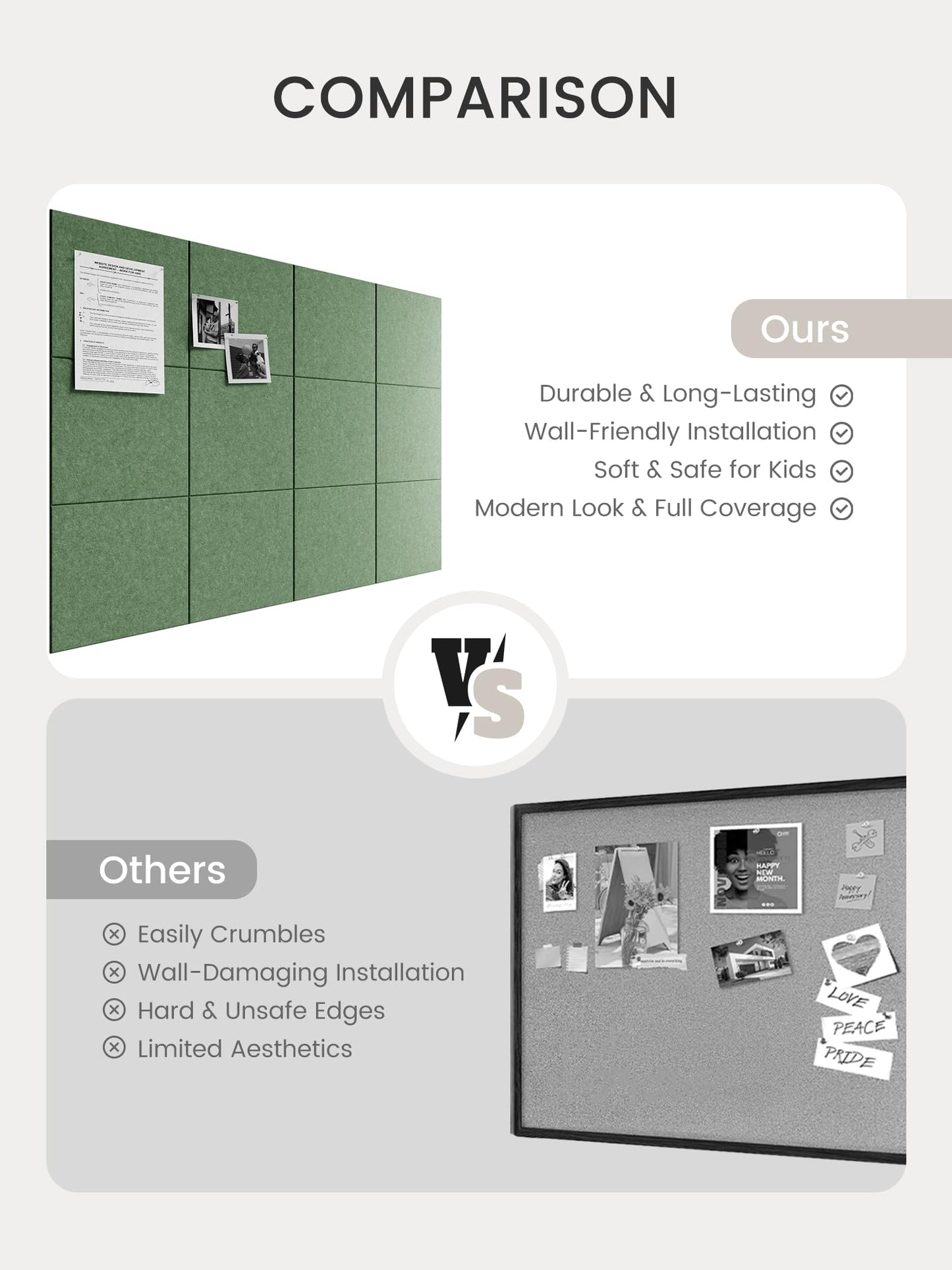 Bumusty Large Cork Board 48" x 36" Alternative - 12 Pack Felt Wall Tiles with 70 Safe Removable Adhesive Tabs, 30 Pushpins, Cork Boards for Walls Pin Board Bulletin Board Office Decor (Moss Green)