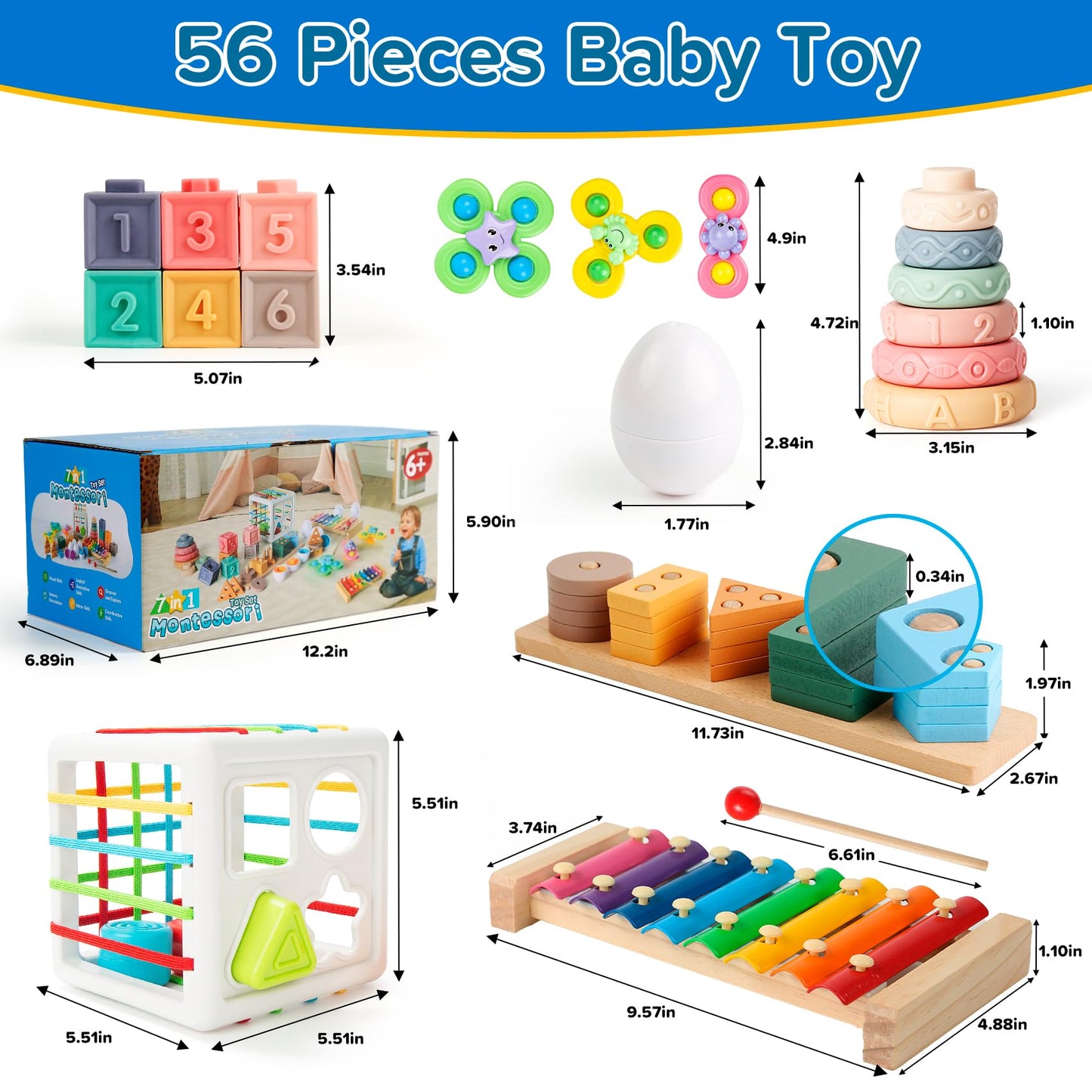 7‑in‑1 Montessori Baby Toys for 6‑12 Months & 1+ Years, Infant Sensory Teething & Stacking Blocks | Wooden Shape Sorter, Xylophone Musical Toy, Birthday Gift for Toddlers 1‑3