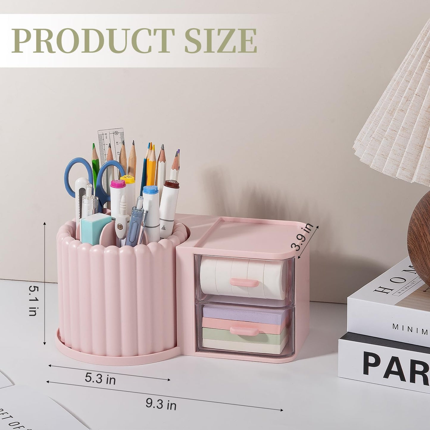 Anyoifax 360° Rotating Pen Holder 7 Slots Desk Organizer with Drawer Removable Pencil Cup Plastic Art Supplies and Accessories Desktop Storage Box Caddy for Office, School, Home (Pink)