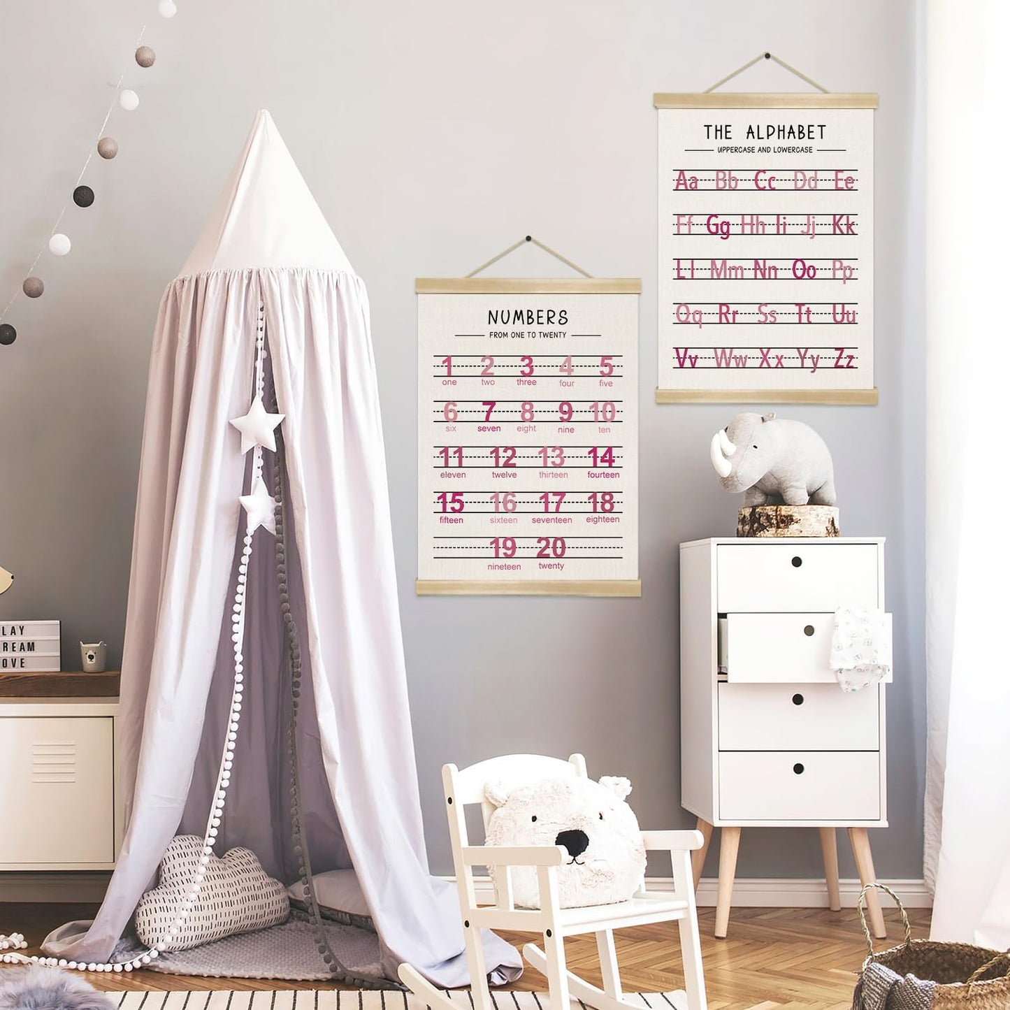 Alphabet and Numbers Wall Chart Set of 2 ,Nursery Educational Posters,Alphabet and 1-20 Number Learning Banners for Toddlers, Preschool Classroom, Homeschool, Playroom,Kids Room Decor 14 x 18.5 Inch(Pink)