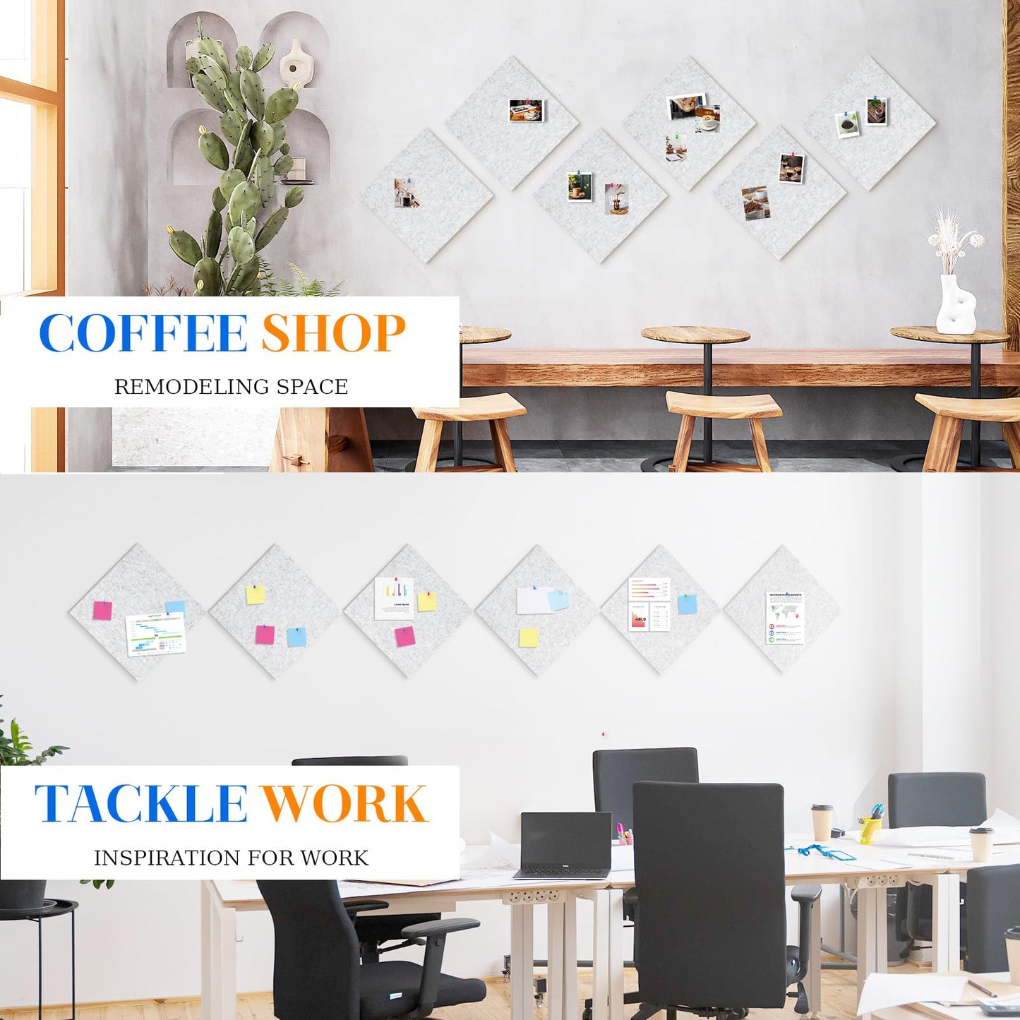 DOLLAR BOSS Felt Cork Board Tiles, 6 Packs 12" x 12" 1/2" Thick Cork Bulletin Board Self Adhesive Corkboards for Walls with 60 Pushpins for Home Office Kitchen School Decor Display, Light Grey
