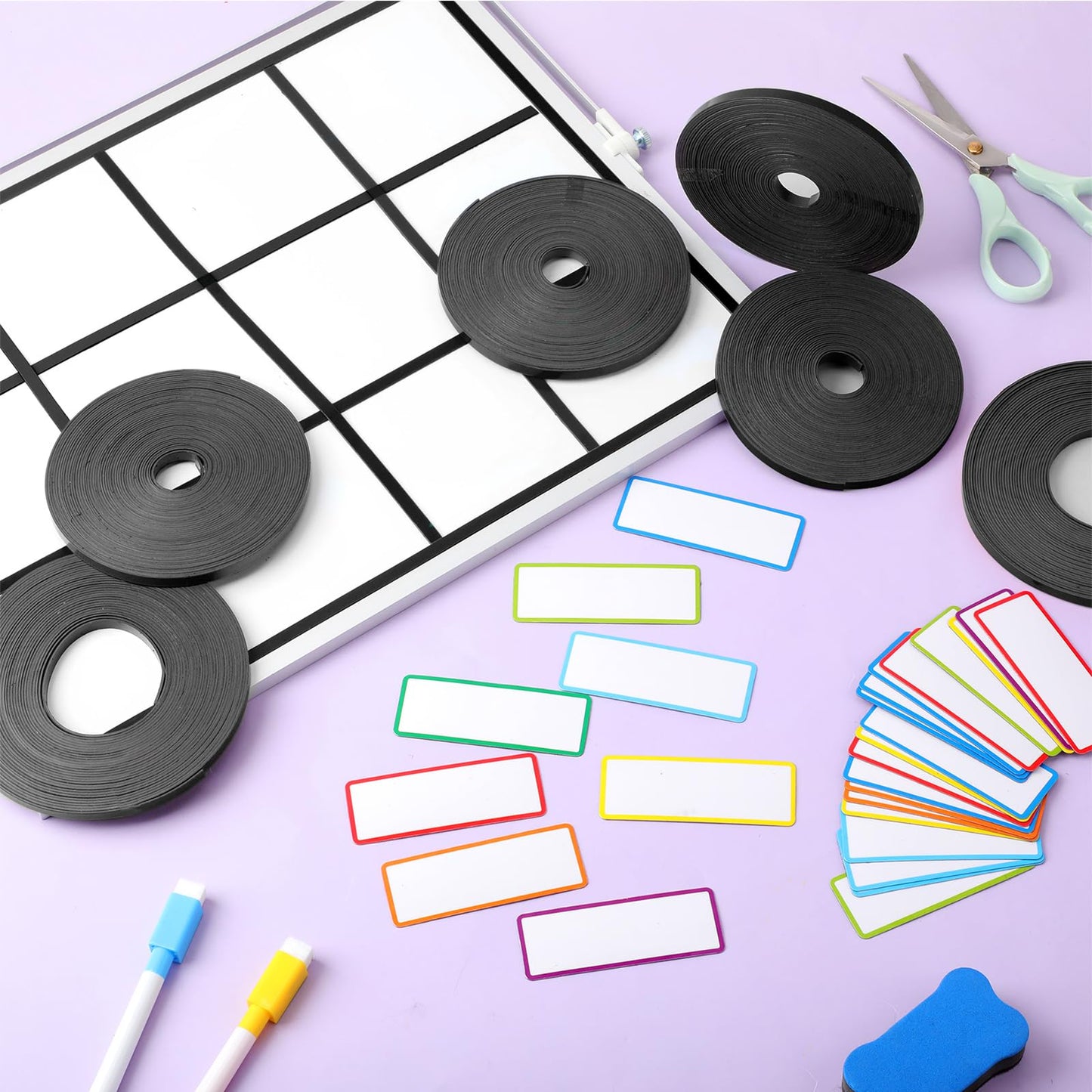 Tellegloww 6 Rolls 1/4" Magnetic Whiteboard Tape Set 33ft Magnetic Tape Roll Thin Strips Borders for Classroom Whiteboard with 48pcs Dry Erase Label for Classroom School Office Home Students (Black)