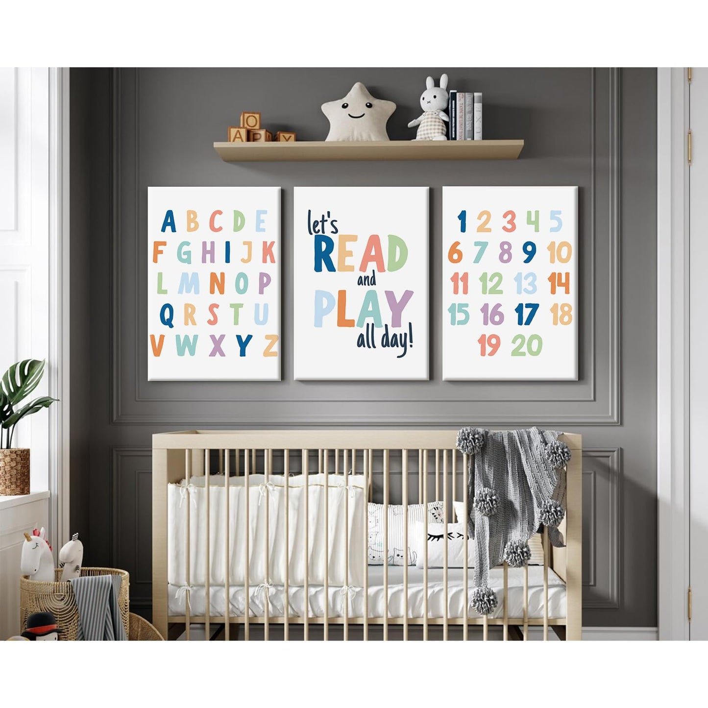 Kids Playroom Wall Art Decor Alphabet Poster Play Room Canvas Wall Decor ABC Nursery Wall Art 123 Toddler Poster Let's Read for Boy Girl Room 12x16 Inch Framed Set of 3