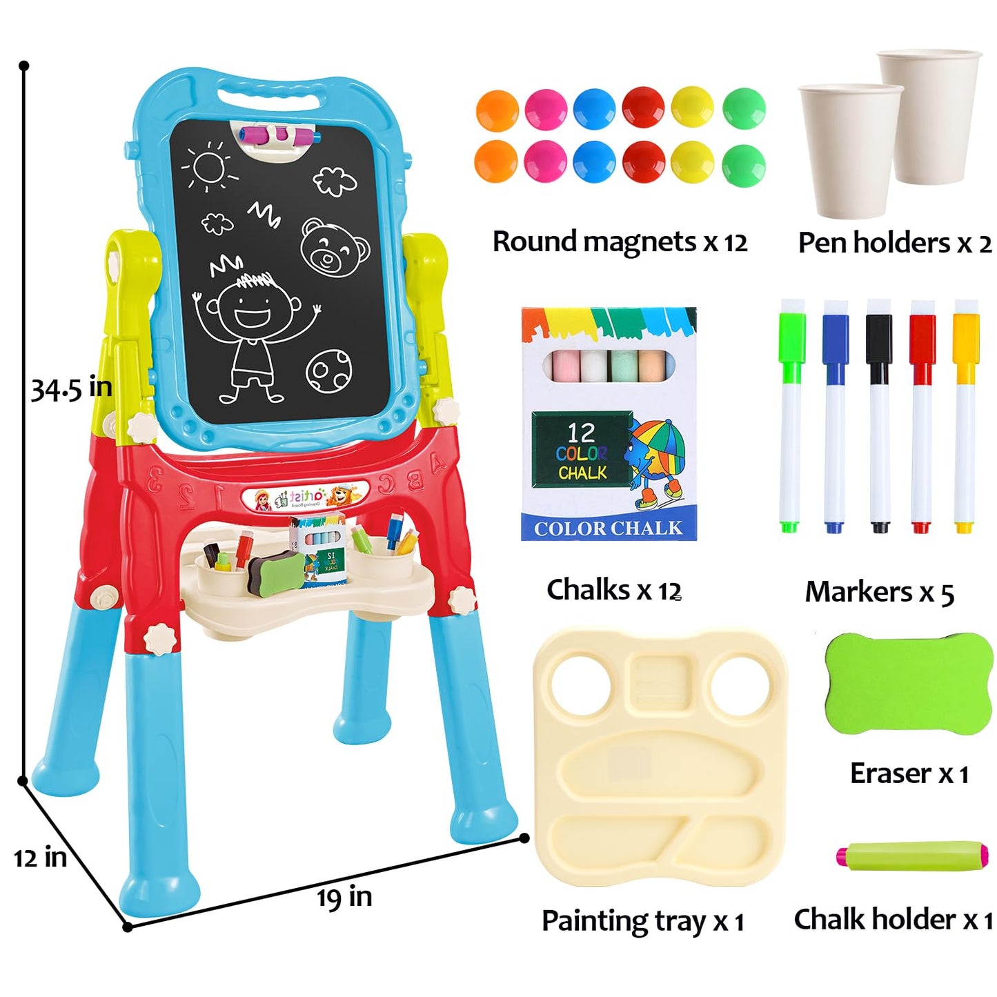 Toddler Art Easel for Kids, Double-Sided Magnetic Whiteboard & Chalkboard with Painting Accessories, Rotatable Easel Toy Gift for Boys and Girls