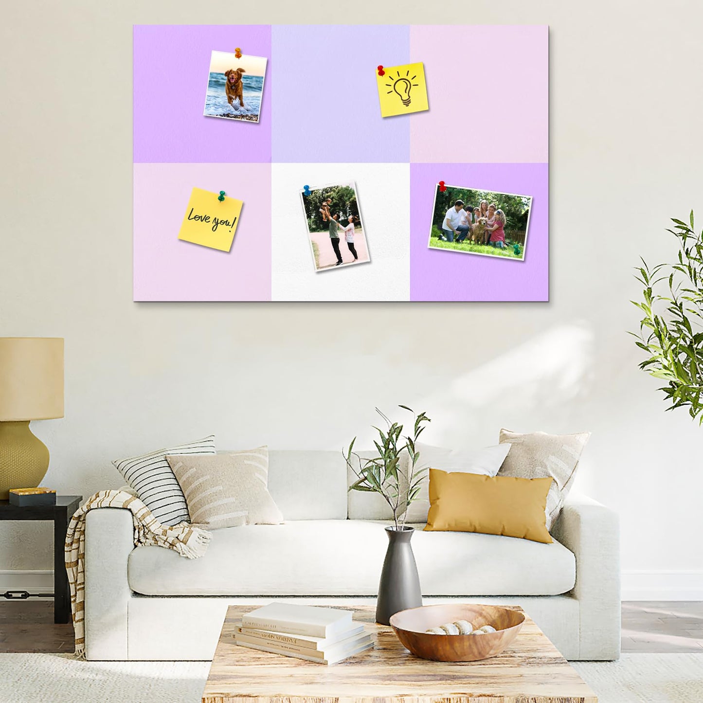 HULAVO Square Felt Cork Bulletin Board Tiles, Self Adhesive DIY Felt Pin Board for Wall 30" x 20" with 35 Pushpins for Office School Home Wall Decor Stickers Memos Photos Display (Purple+Pink)