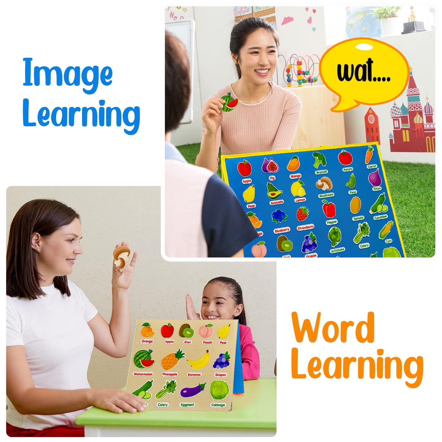 PENGFULL Felt Fruits and Vegetables Learning Pieces,62 Felt Flannel Board Pieces,Learn Common Fruits and Vegetables and Words for Kindergarten,Preschool,Toddlers
