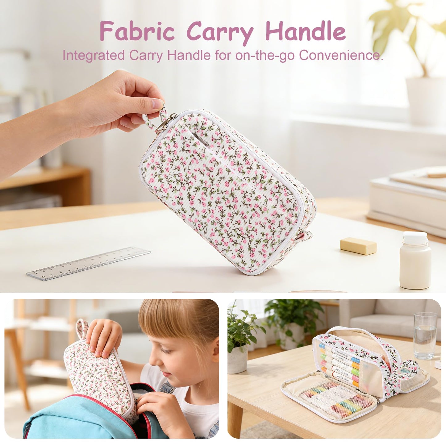 BuyCard Big Capacity Pencil Pouch, Pink Floral Corduroy 4-Compartment Pen Bag, Aesthetic Stationery Organizer for Teen Girls Women, Must-Have for Teacher, Makeup & Electrical Goods Storage Case