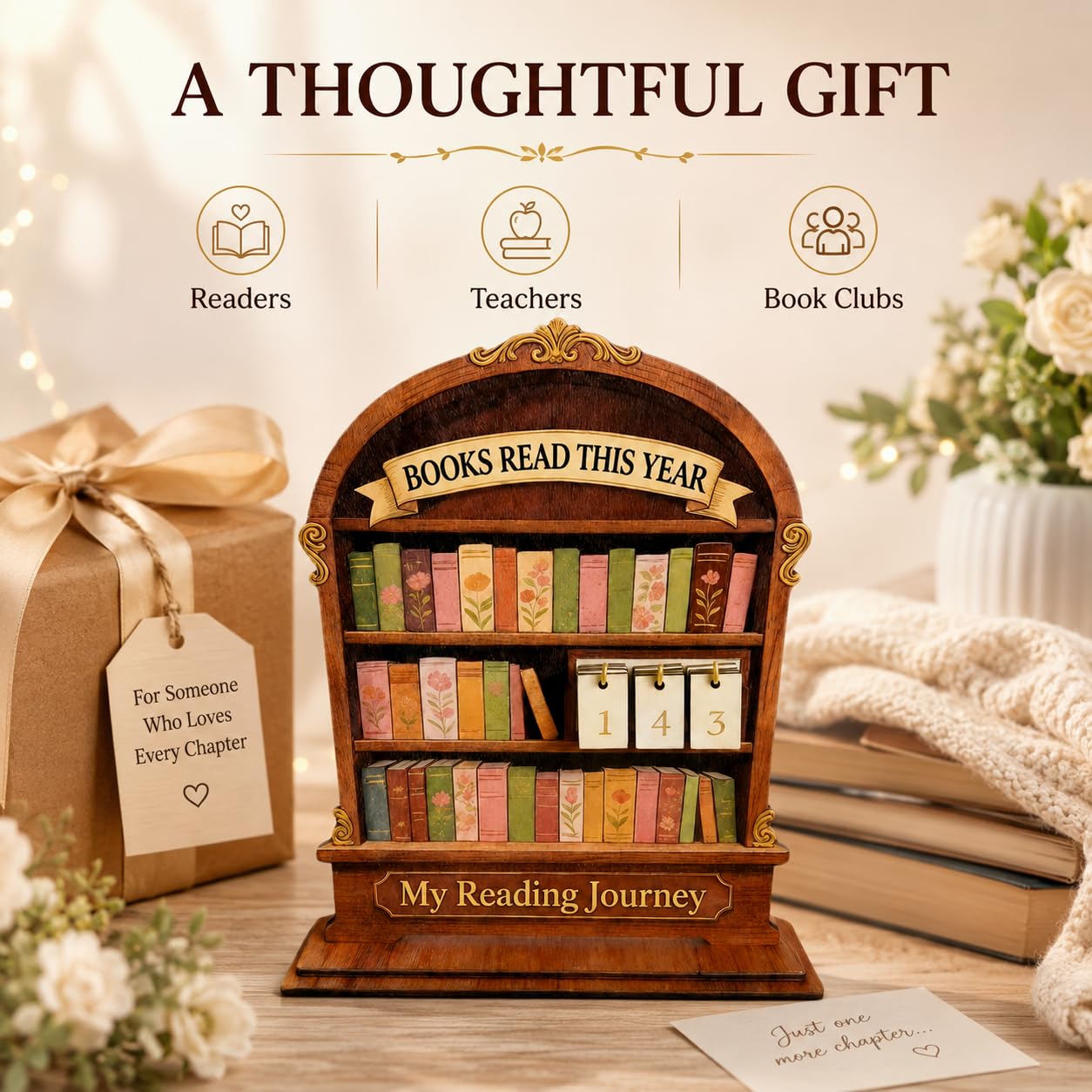 Wooden Reading Tracker, Annual Book Log for Book Lovers, Rustic Bookshelf Design, for Readers