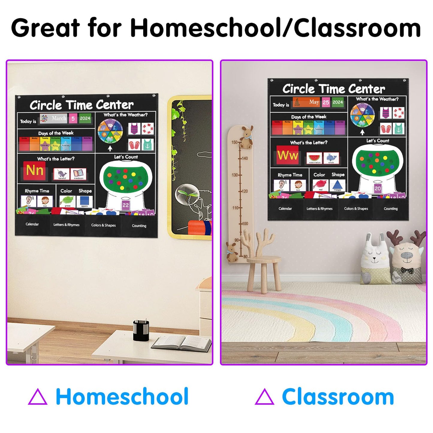 BOHEMIABY Circle Time Learning Center Classroom Pocket Chart Preschool, Educational Pocket Chart Teaching Materials, Learning Calendar Weather Counting Letter Color, Circle Time Learning Center Black