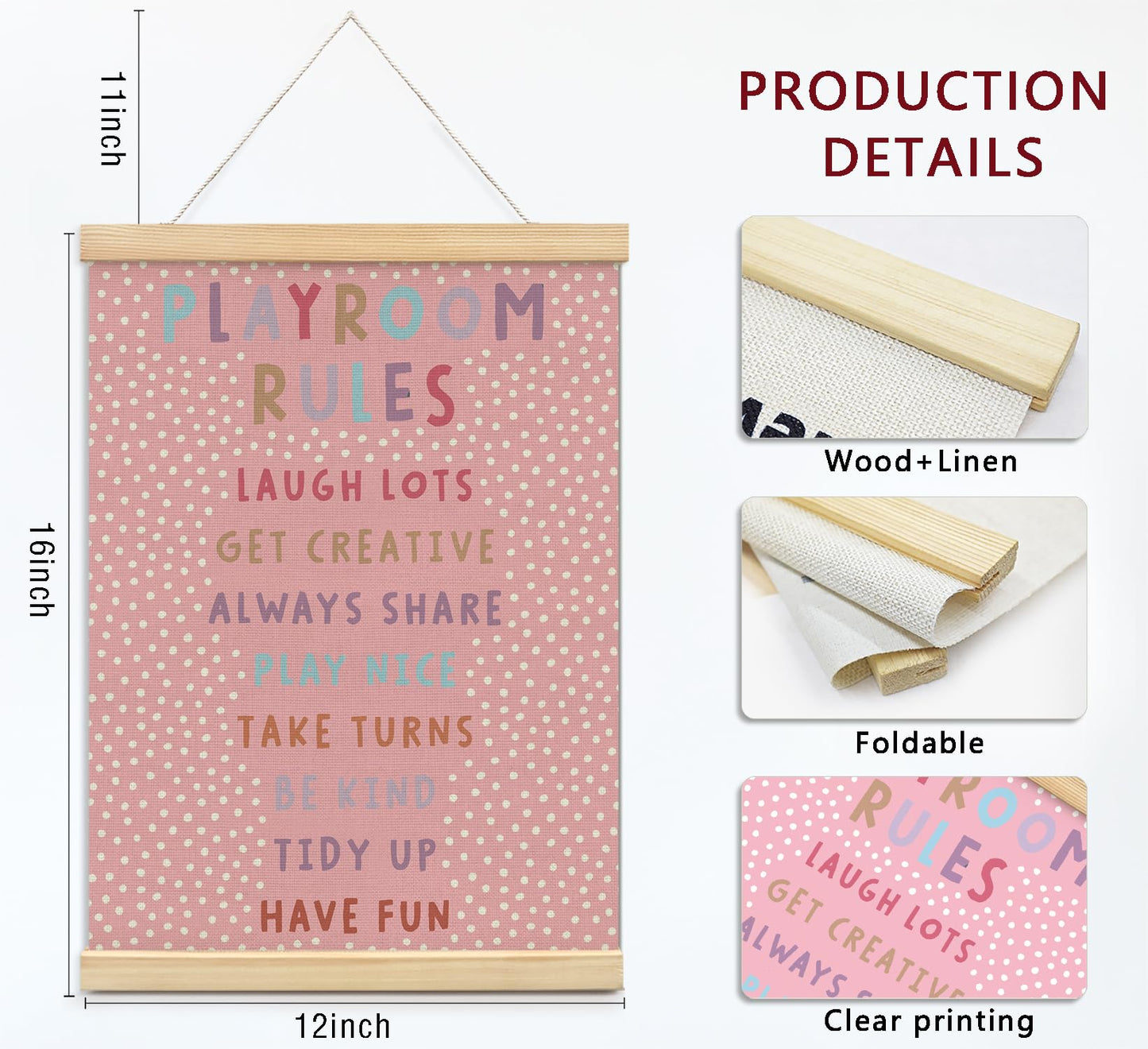 Playroom Kids Tollder Room Wall Decor, Play Room Rules Wall Decor for Kids Play Game Room Bedroom Nursery Home School Playroom Essentials, Canvas Hanging Banner Wood Poster Frameds(pink)