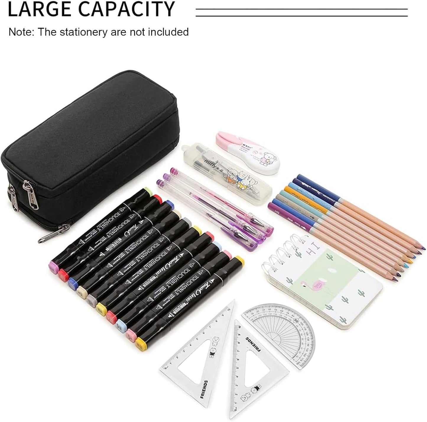 Della Gao Large Capacity Pencil Case, Aesthetic Pencil Pouch with 3 Compartments Nylon Storage Pen Bag Office Stationery Organizer for Women and Men(01-3BK)