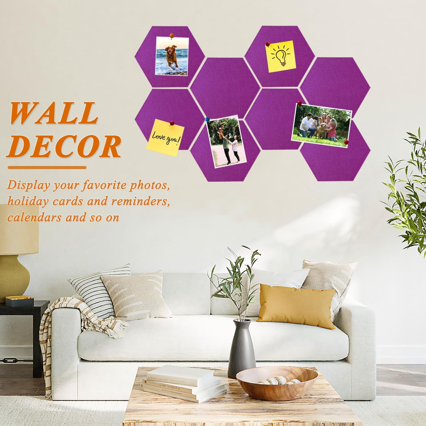 HULAVO 8 Pcs Hexagon Felt Cork Bulletin Board Tiles, Self Adhesive DIY Bulletin Board Pin Board for Office School Home Wall Decor Memos Photos Display(Light Purple)