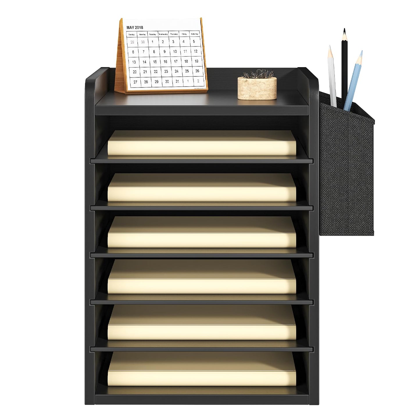 HOOBRO Adjustable Countertop Mail Sorter, 6 Tier Wooden Paper Organizer, Vertical Literature Organizer with Side Storage, Office Mailbox Cubbies, Classroom Mailbox, for Home, Office, Black BB34WF01