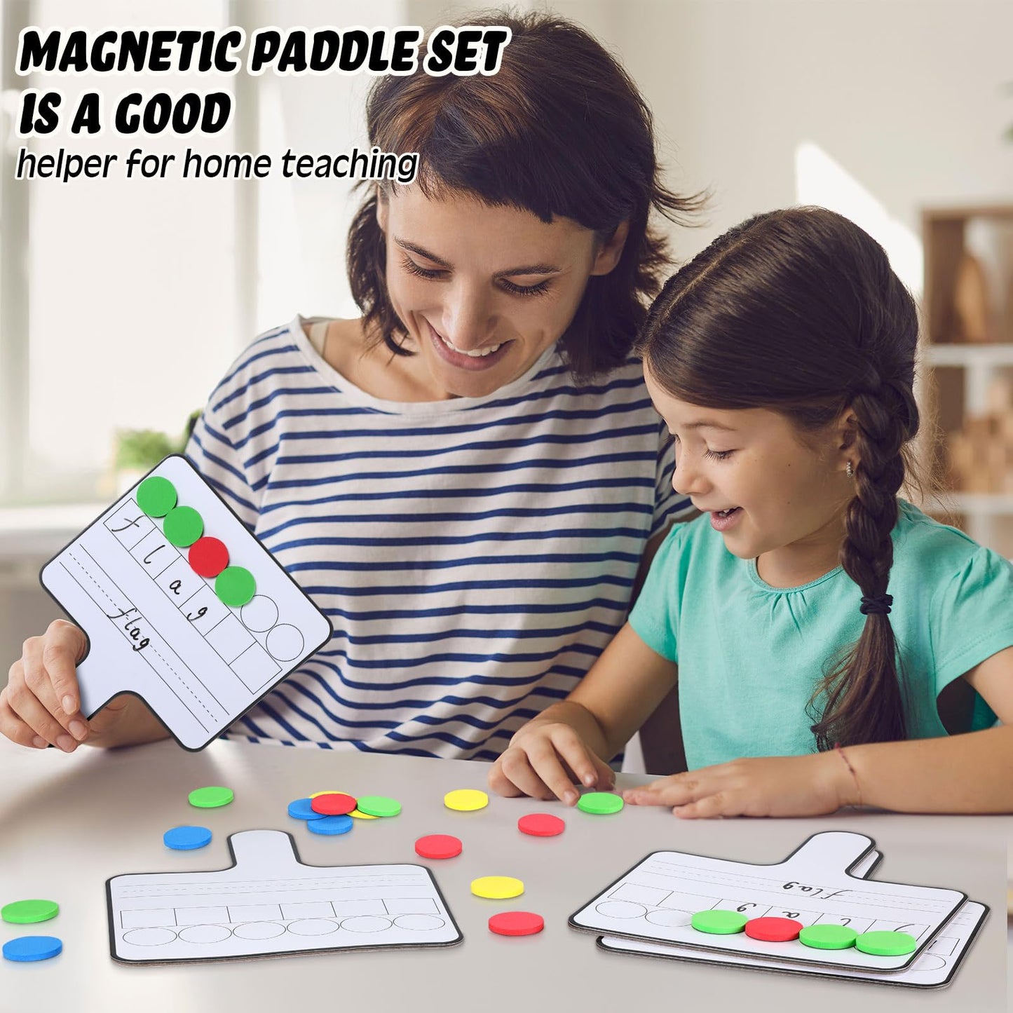 Seajan 9 Pcs Magnetic Paddle Set Education Dry Erase Double Side Handheld Answer Board with Magnetic Counters Discs Phonemic Awareness Phonics Games Toy for Students Kids Teaching Supply (Black)