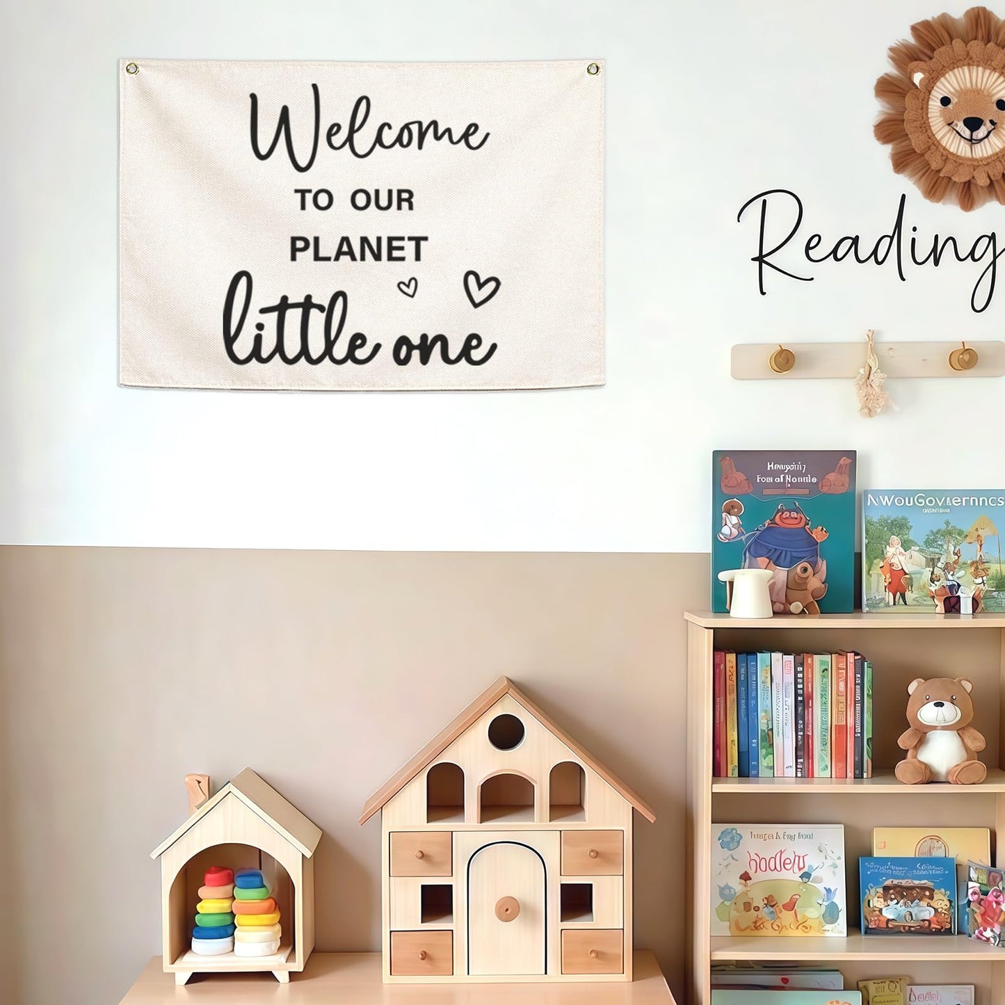 Welcome to Our Planet Rectangular Banner-Flag Sign for Nursery Playroom Kindergarten Bedroom Wall Decor,Baptism Baby Shower Birthday Christmas Gift for Baby Girl Boy Kids-28.5"L×20"W