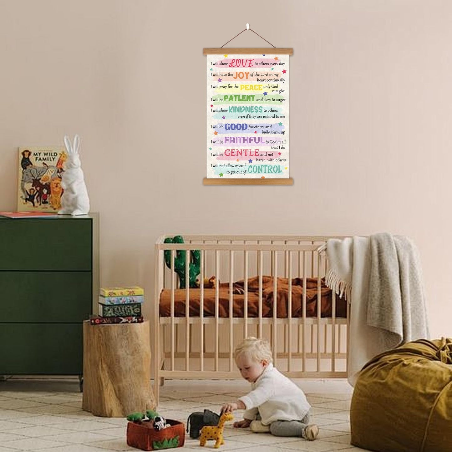 KAIRNE Bible Verse Poster With Wood Magnetic Hanger,Christian Fruits Pictures Wall Decor,Sunday School Motivational Wall Art(35X56CM) Rainbow Positive Canvas For Kids Bedroom Playroom Classroom Decor