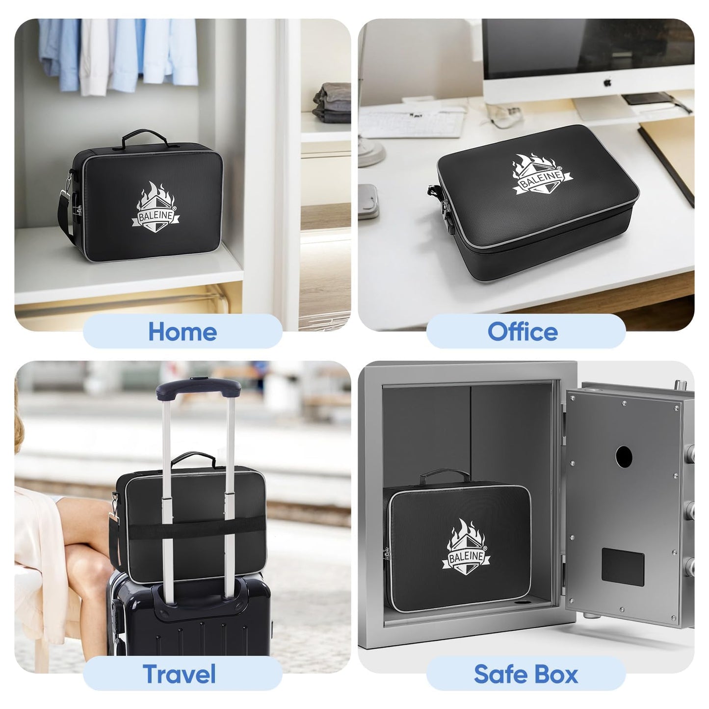 BALEINE Fireproof Document Box with Lock, Portable Fireproof Document Bag Waterproof Fire Proof File Boxes for Documents, File Organizer Box for Important Paperwork (Black, 15''x11''x4'')