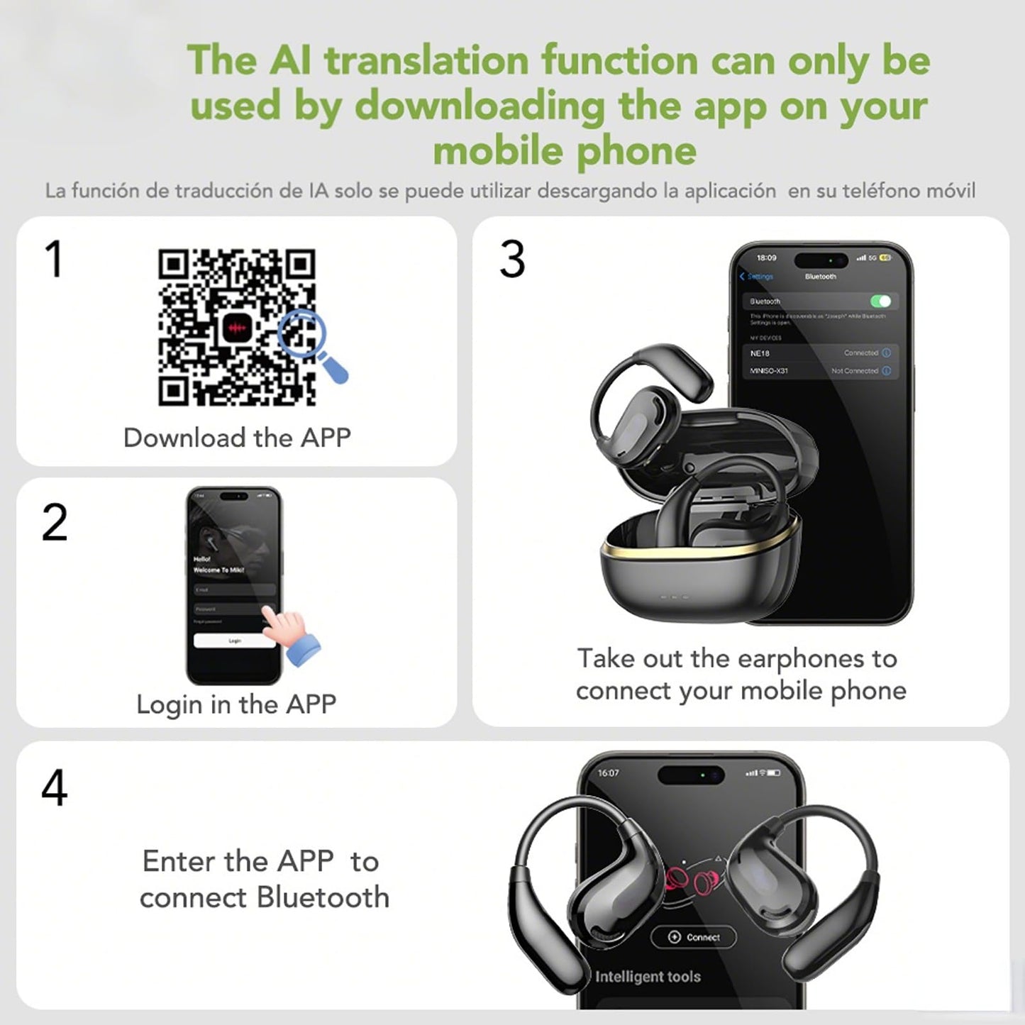 QYGCKJ NE18 AI Translation Earbuds Real Time, 135 Language Translator Earbuds, 3-in-1 Buletooth 6.0 Wireless Translating Device with 4 Mode, Translate Ear Buds for Travel Business Learning (Black)