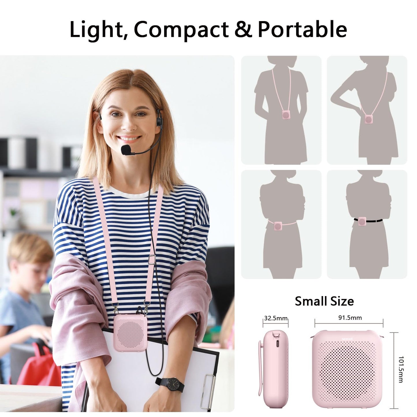 Norwii Bluetooth Voice Amplifier, Power Amplifiers, Portable Mini Wired Microphone Headset for Teacher Classroom & Outdoor Lectures, Teaching, Tour Guides, USB-C Rechargeable - 2000mAh, Pink