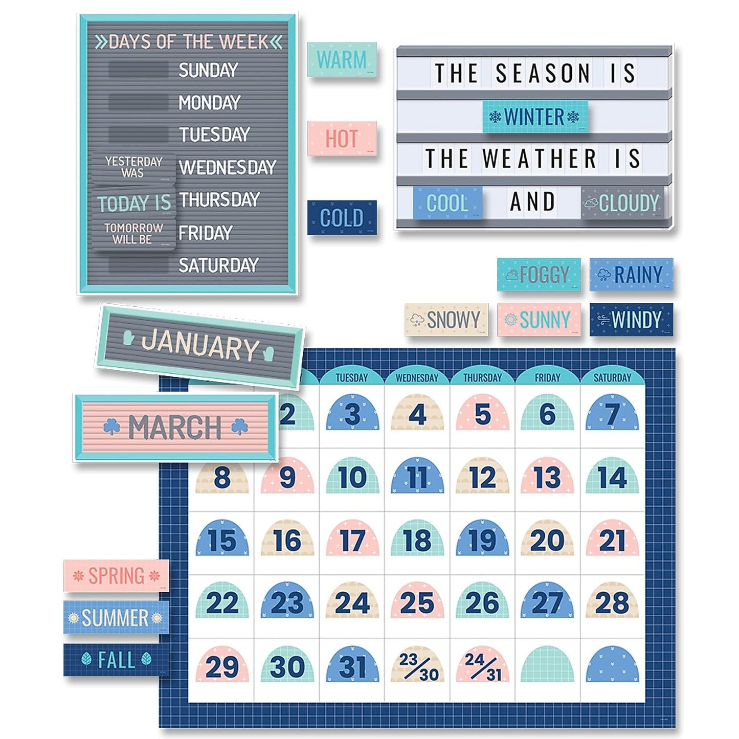 CTP Calm and Cool Calendar Set Bulletin Board, Classroom Decoration, 67 Pieces (Creative Teaching Press 8595)