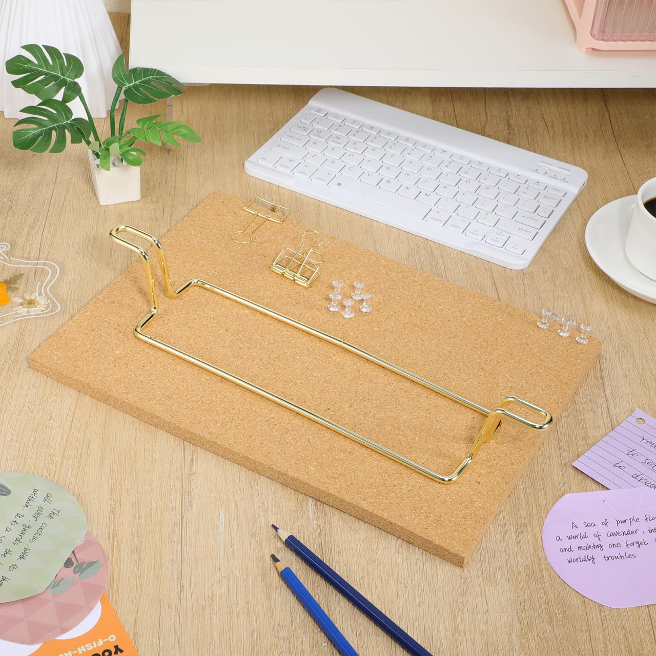 TOYANDONA Cork Board Bulletin Board with Metal Stand, Wooden Pin Notice Message Pin Board Desktop Memo Board for Home Office (Golden Base)