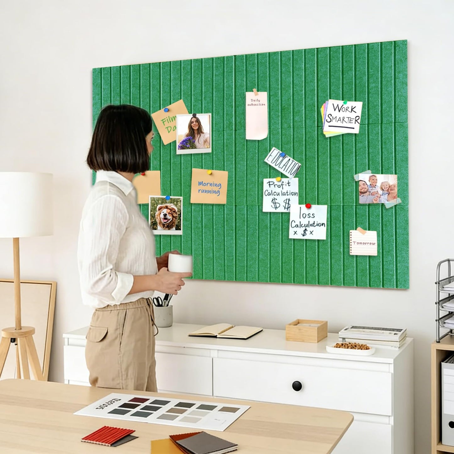 15 Pack Felt Bulletin Board, 35" x 59" Large Green Pinboard with 30 Push Pins, Felt Pin Board, Self-Adhesive Cork Board Tiles for Home, Office Walls, School Classroom Message Photos Display