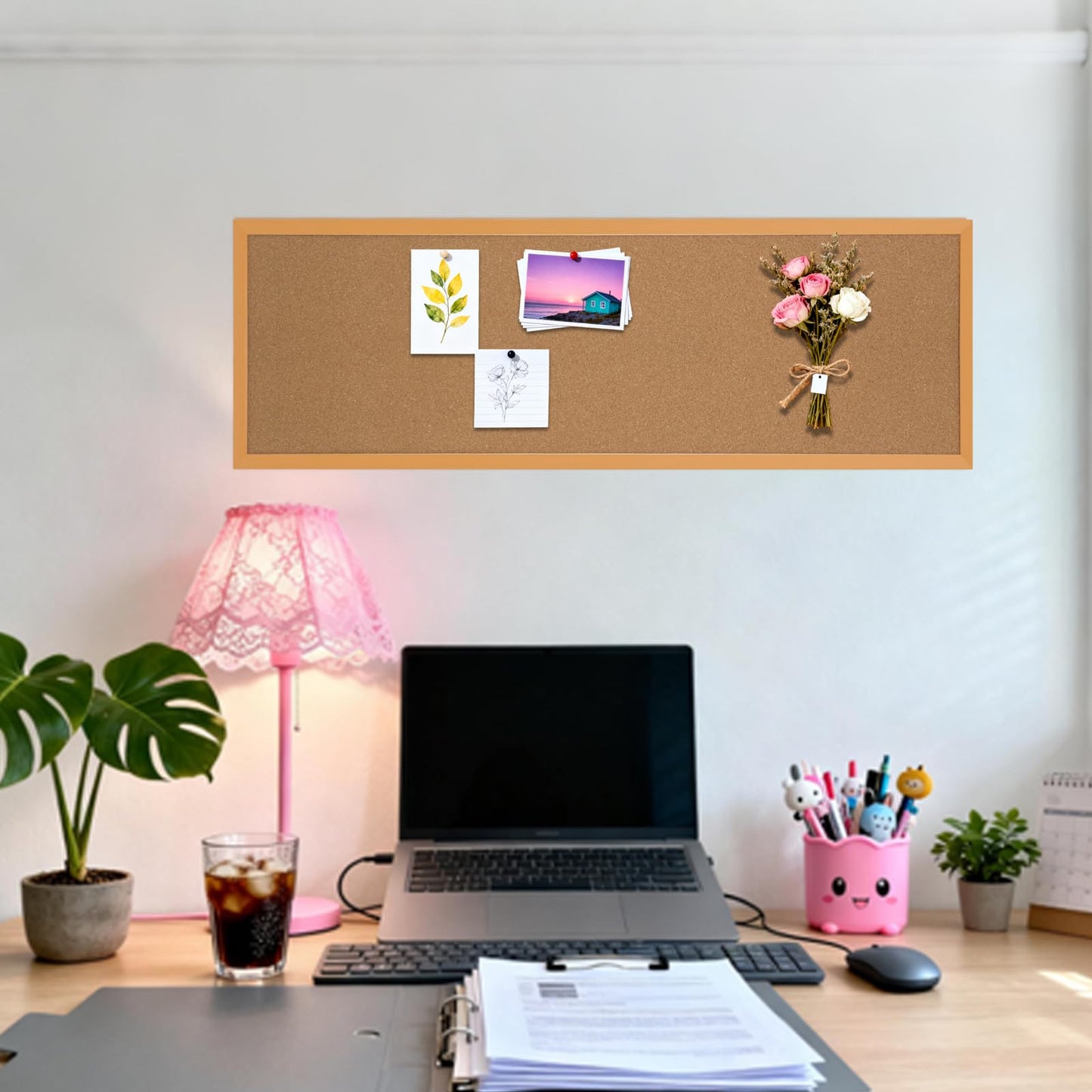 LECEHIVO 2 Pcs 12'' x 36'' Cork Bulletin Board Wall Mounted Framed Large School Message Corkboard with Installation Kit Push Pins for Home and Office Decor Vision Background (Brown)
