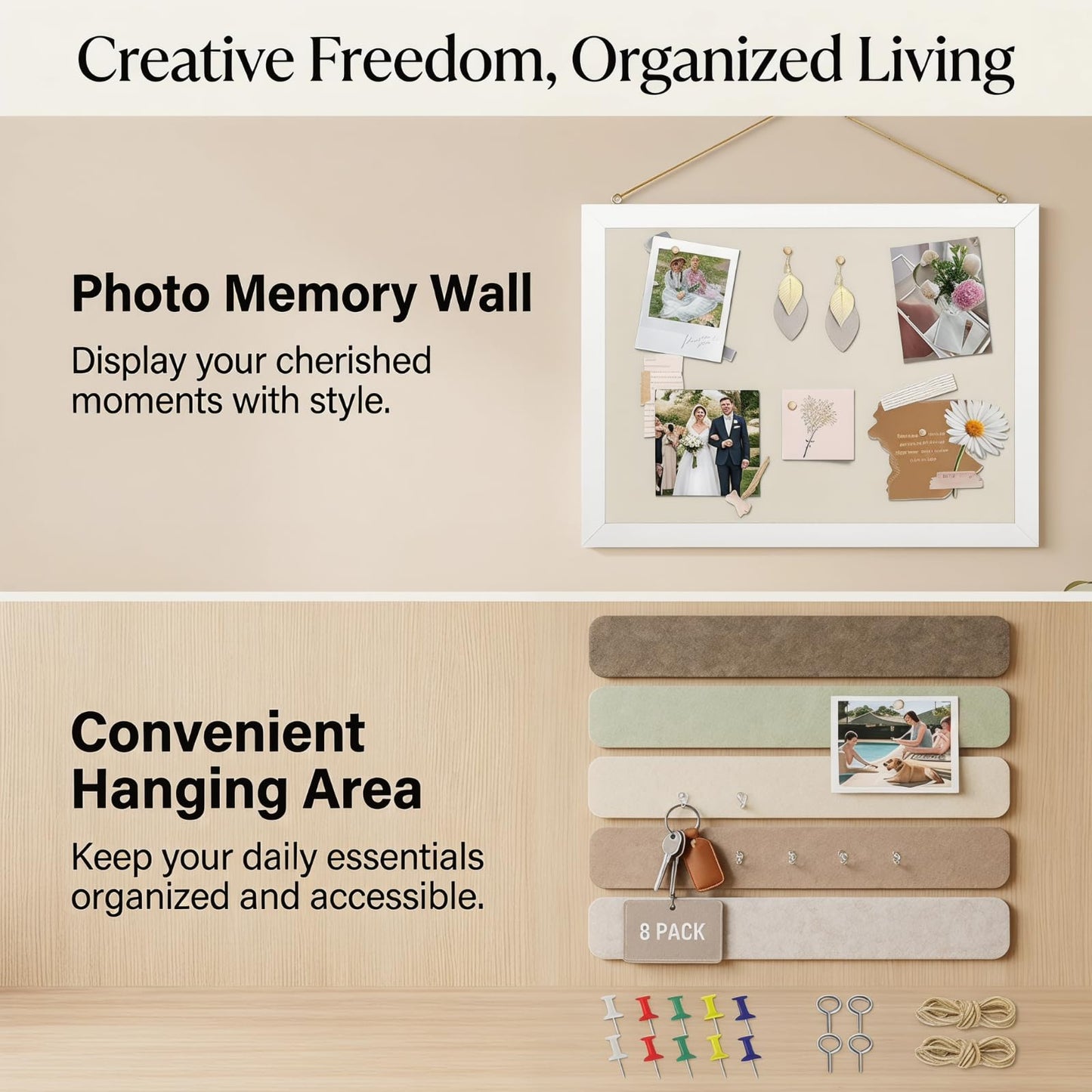 OKSON Bulletin Board Set, 2-Pack 12"x16" Framed Linen Cork Boards for Walls & 8-Pack Felt Strips, Decorative Pin Board & Vision Board for Home Office Decor, Includes Push Pins & Hardware