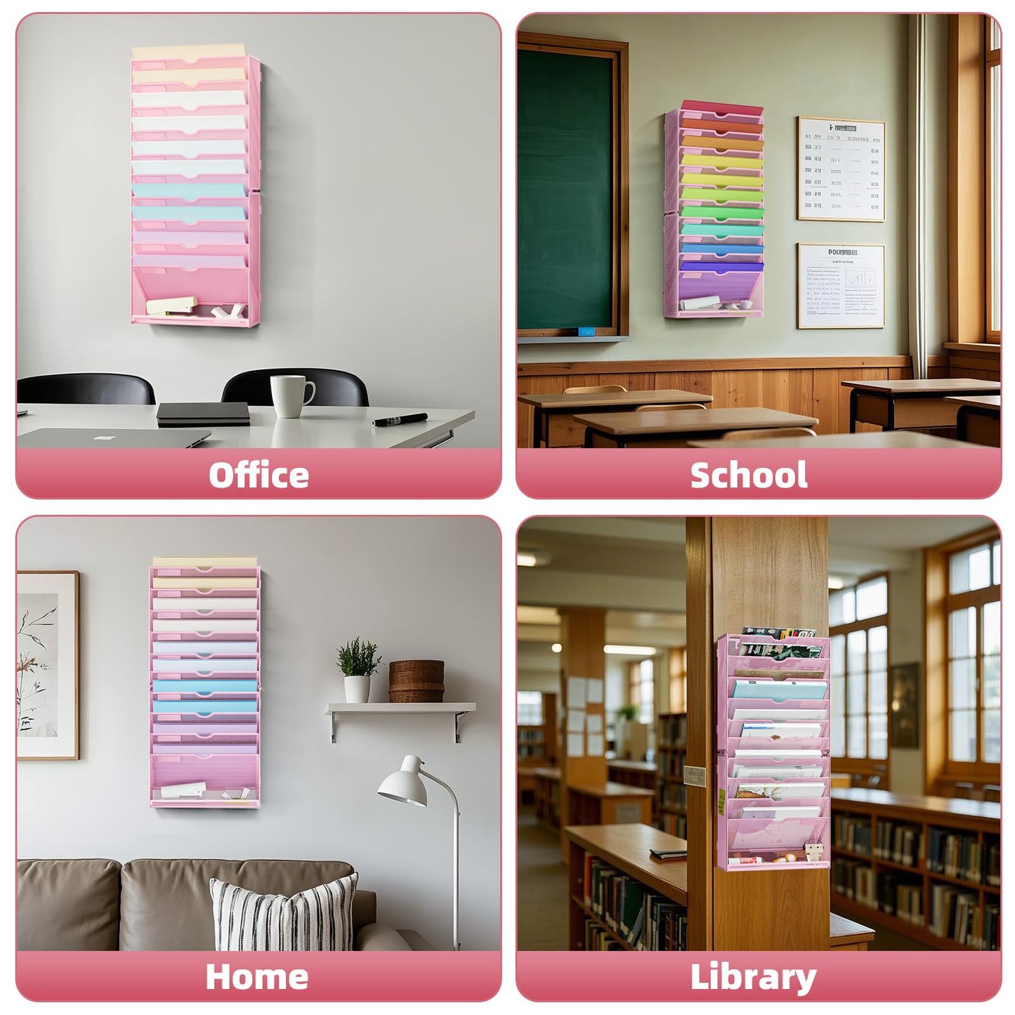 Marbrasse Wall File Holder 11-Tier Hanging Wall File Organizer, for Papers, Files Clipboard & Magazine Organizer, Wall Mount File Holder Great for Office Home (Pink)
