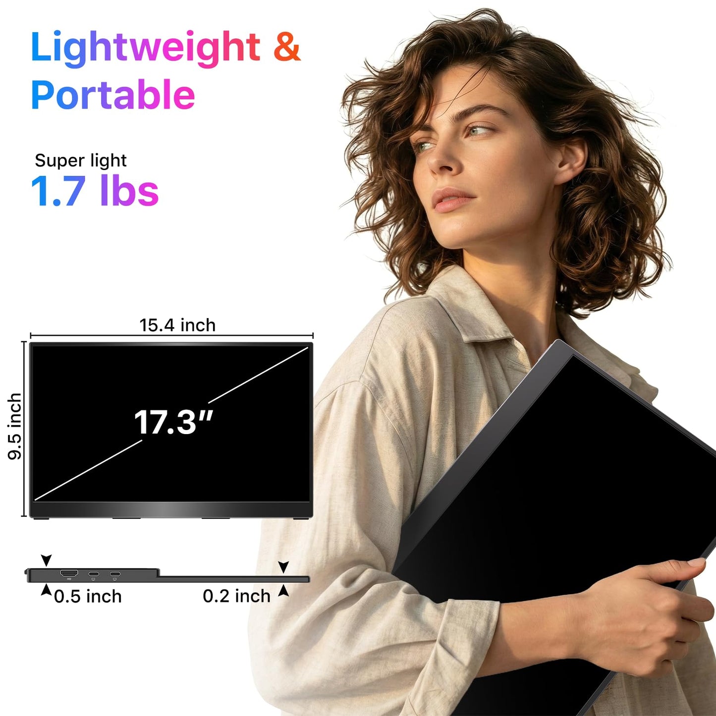 kksmart Portable Monitor for Laptop MacBook Surface PC Xbox PS5, Travel Monitor Second Screen for Laptop, HDMI USB-C VESA Compatible Built-in Speaker, 17.3