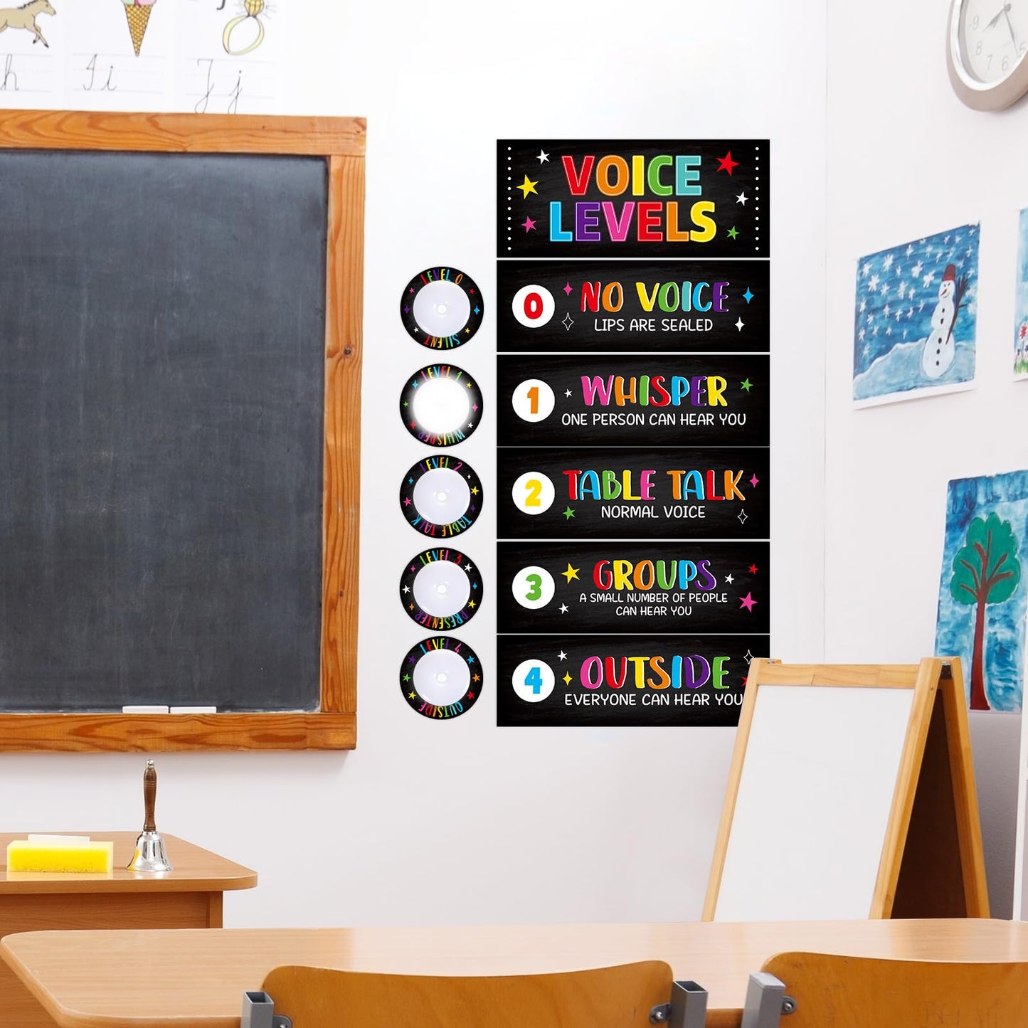 5 Pcs School Push Light and Voice Level Poster Voice Level Chart Monitor Rules Sign LED Tap Light Classroom Rules Poster Noise Chart Classroom Management Tools for Teachers(Colorful chalkboard Style)