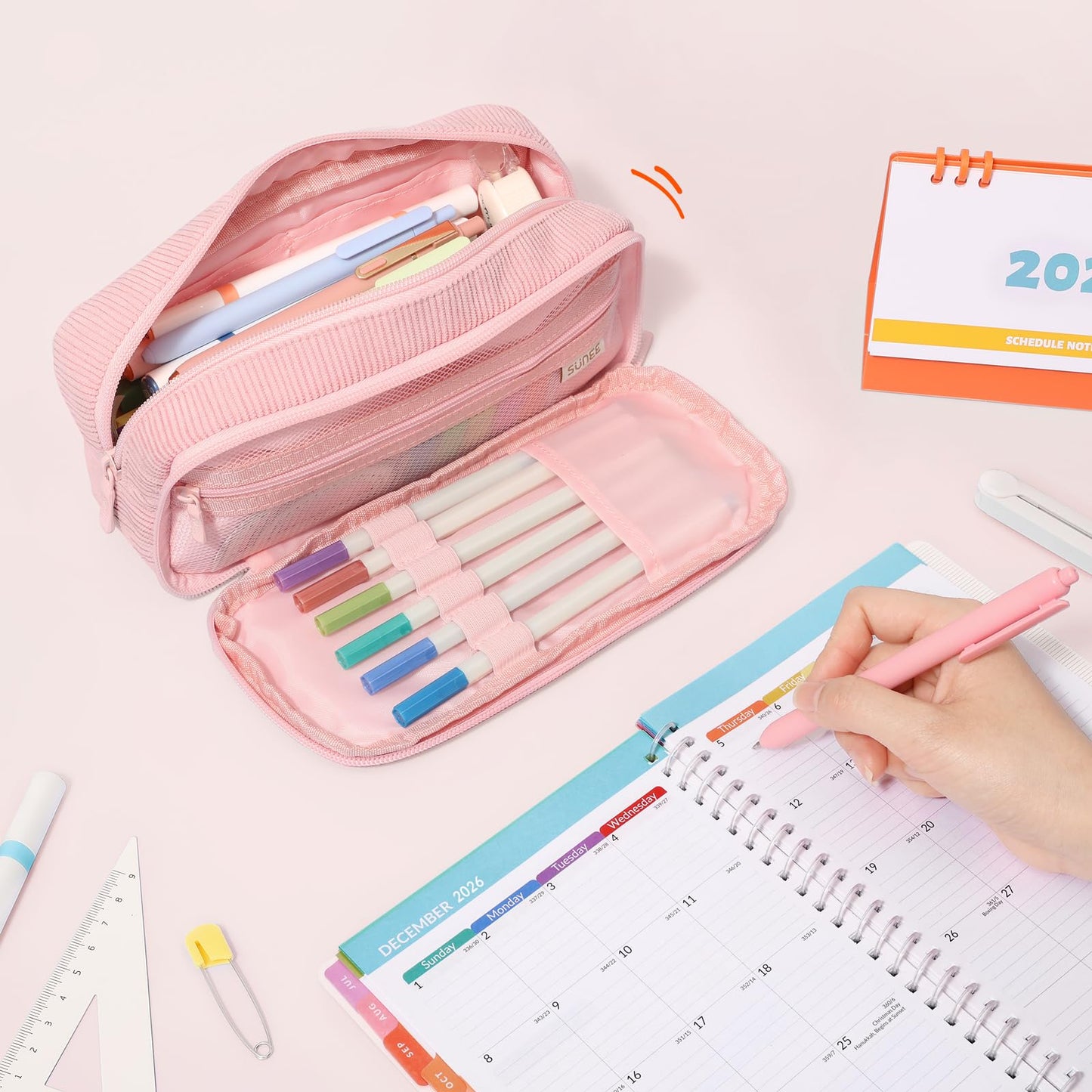 SUNEE Pencil Case, Large Capacity Pencil Pouch, Aesthetic Big Pen Bag, Soft Corduroy Pen Box for Office Stationery Organizer School Supplies Multifunctional for Teen Boys Girls Women Men, Soft Pink