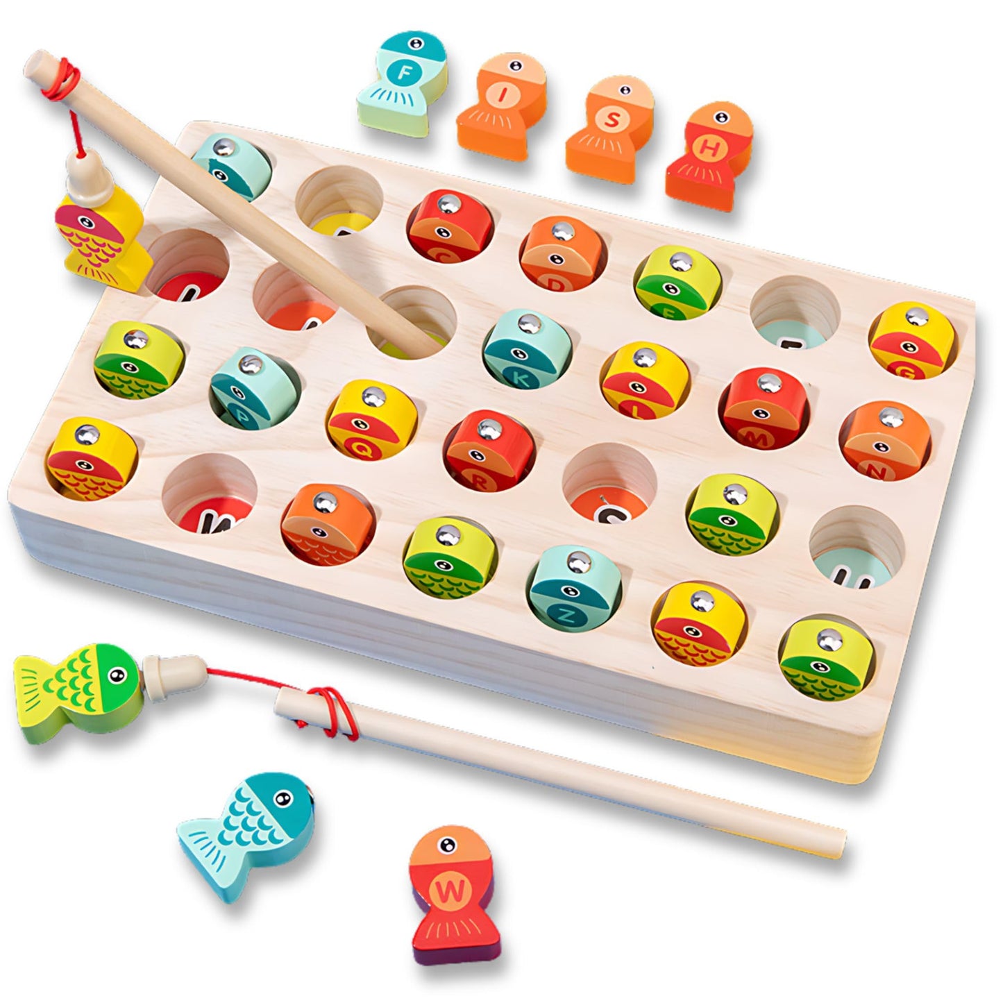 Haktoys Wooden Fishing Alphabet Game Magnetic Learning Toy with Ocean Sticker Book, ABC Toy with 26 Lettered Fish & 2 Poles, Educational Travel Game for Toddlers Preschool Kids