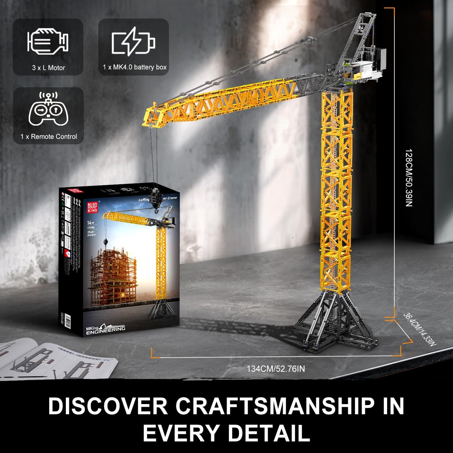 Mould King 17096 Luffing Jib Tower Crane Building Block Set, Large Technical Construction Vehicles Crane Truck Model with Motors/APP Remote Control, Collectible Set for Adults & Teens 14+ Gift (2565+)