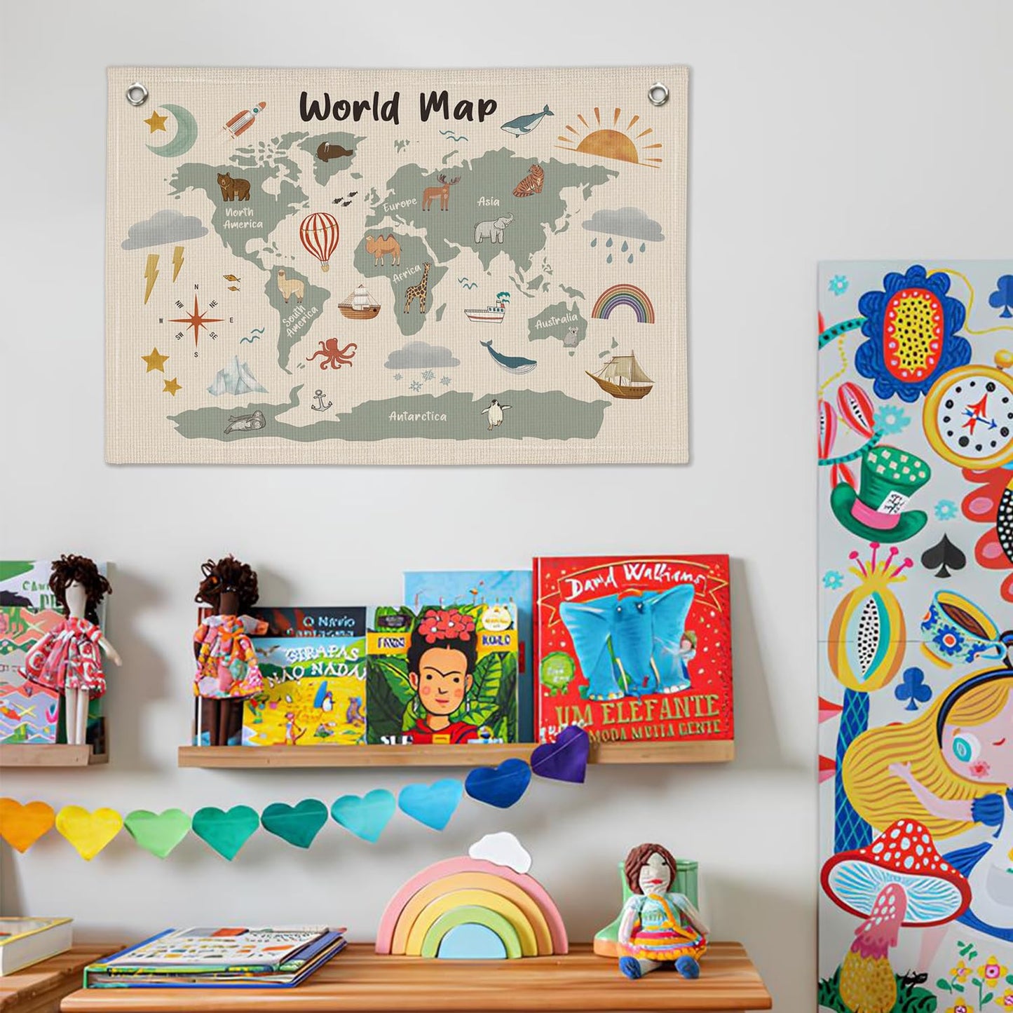 Wheatwin World Maps for Wall, Kids World Map Banner, Cute Animal World Map Educational Tapestry Wall Hanging Banner Flag Decor for Kids Room Classroom Playroom
