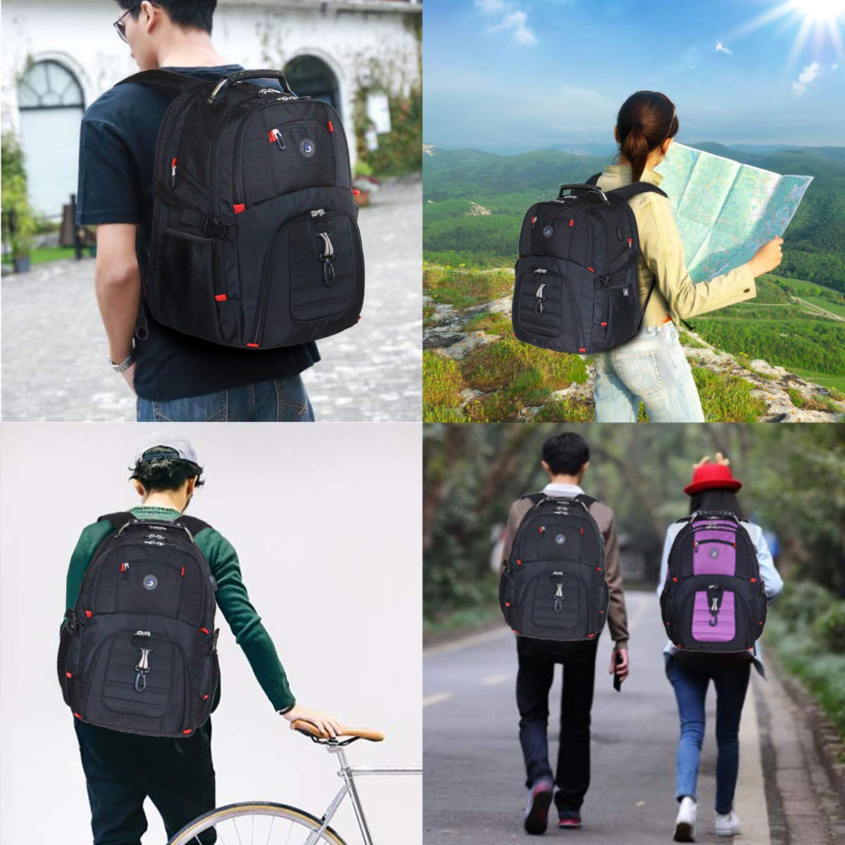 SHRRADOO Extra Large 50L Travel Laptop Backpack with combination lock, College Backpack Airline Approved Business Work Bag Fit 17 Inch Laptops for Men Women,Black