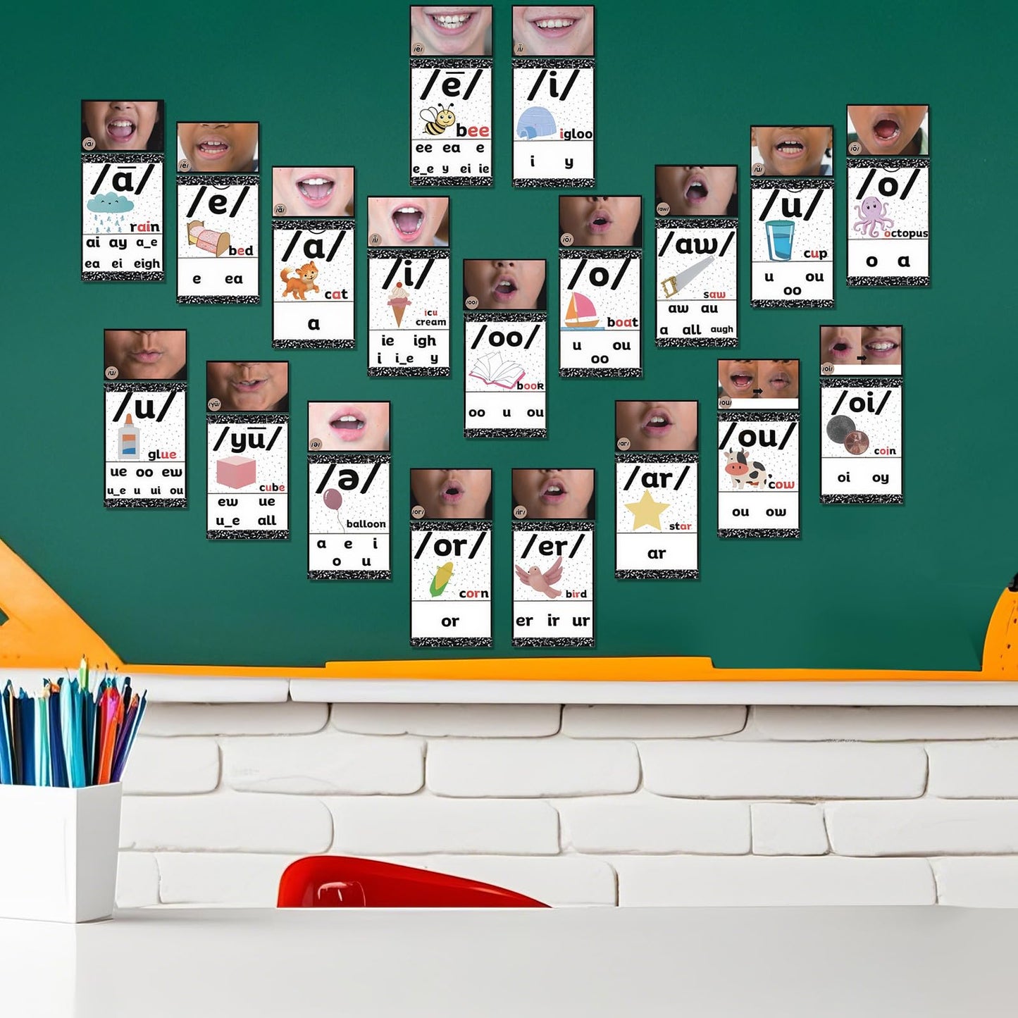 Ireer Composition Book Vowels Sound Wall for Classroom Neutral Phonics Kit, Science of Reading Posters for Classroom Decor, Kindergarten Speech Materials, Phonemic Awareness, Esl Teaching Material