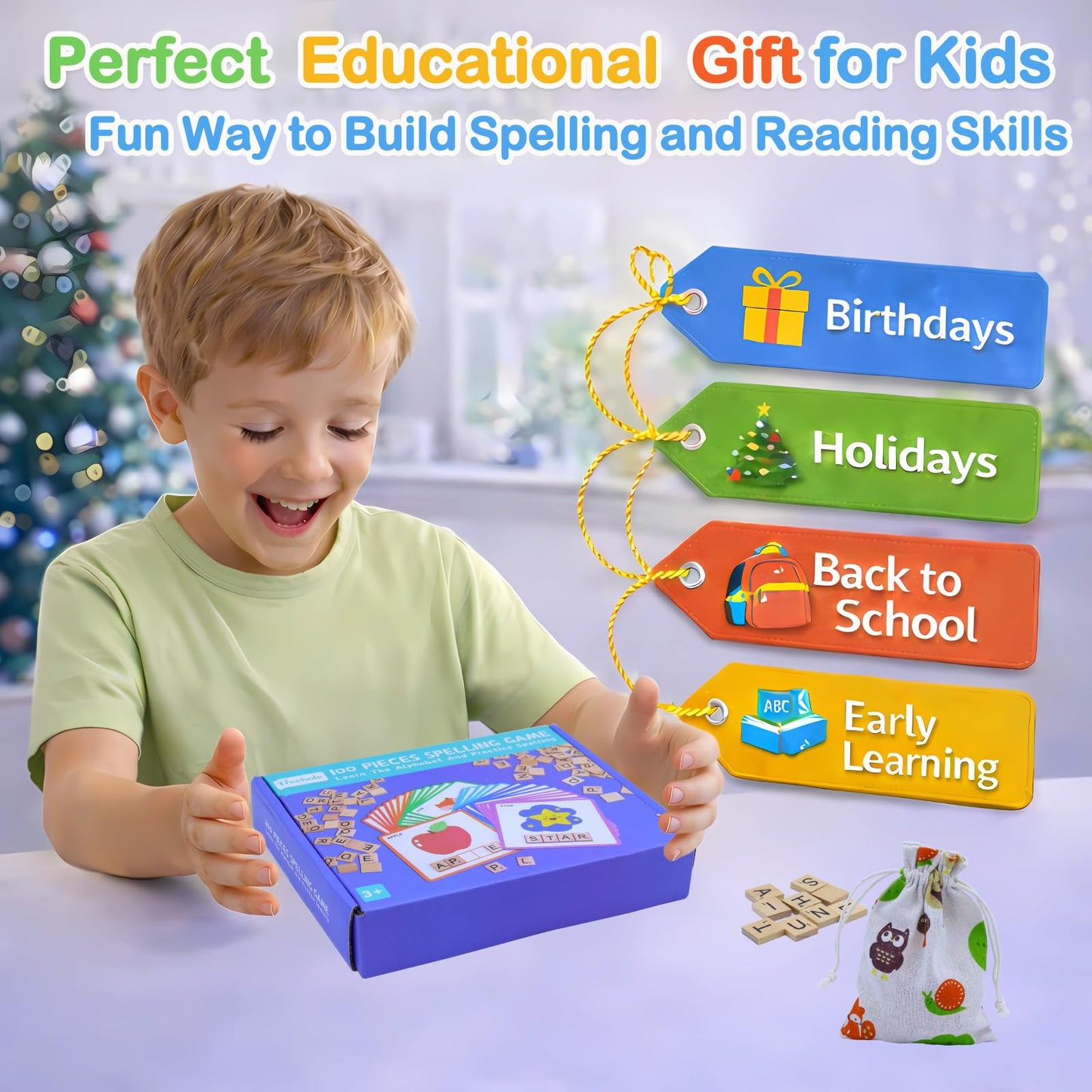 Humerry Spelling Game for Kids Ages 3-8, Word Building & Sight Word Games, Phonics Learning Toy with 100 Wooden Letter Tiles & 30 Double-Sided Flashcards, Preschool Kindergarten Early Reading Game