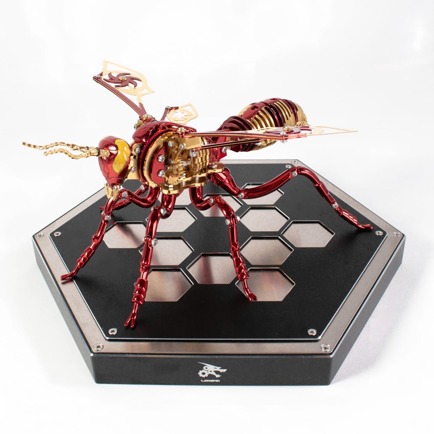Gold-Plated Metal Bee Model Kit - 3D Stainless Steel Mechanical Insect Puzzle for Adults - Steampunk Bionic Wasp Sculpture - Executive Desktop Art and Stress Relief Gift(Bee-Red-Gold
