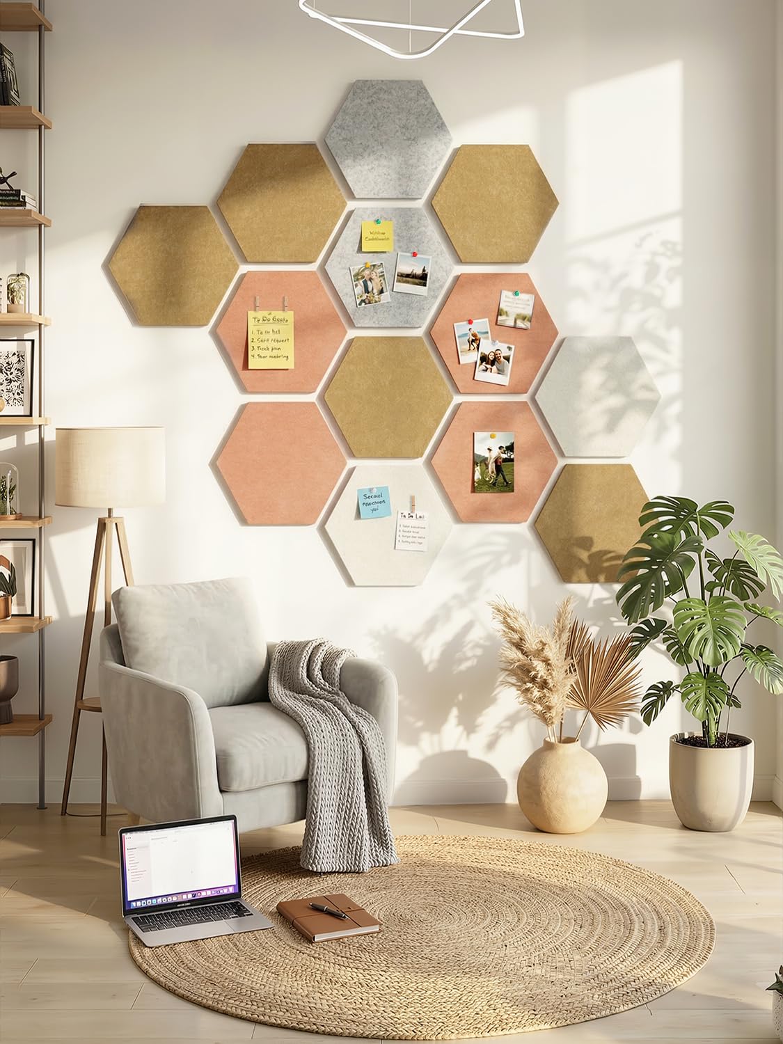 Uoisaiko 8 Pack Hexagon Felt Bulletin Board Tiles - 12" Large Thick Pin Board for Walls with 30 Push Pins, DIY Boards for Office Home School Decor, Aesthetic Hex Cork Board Alternative
