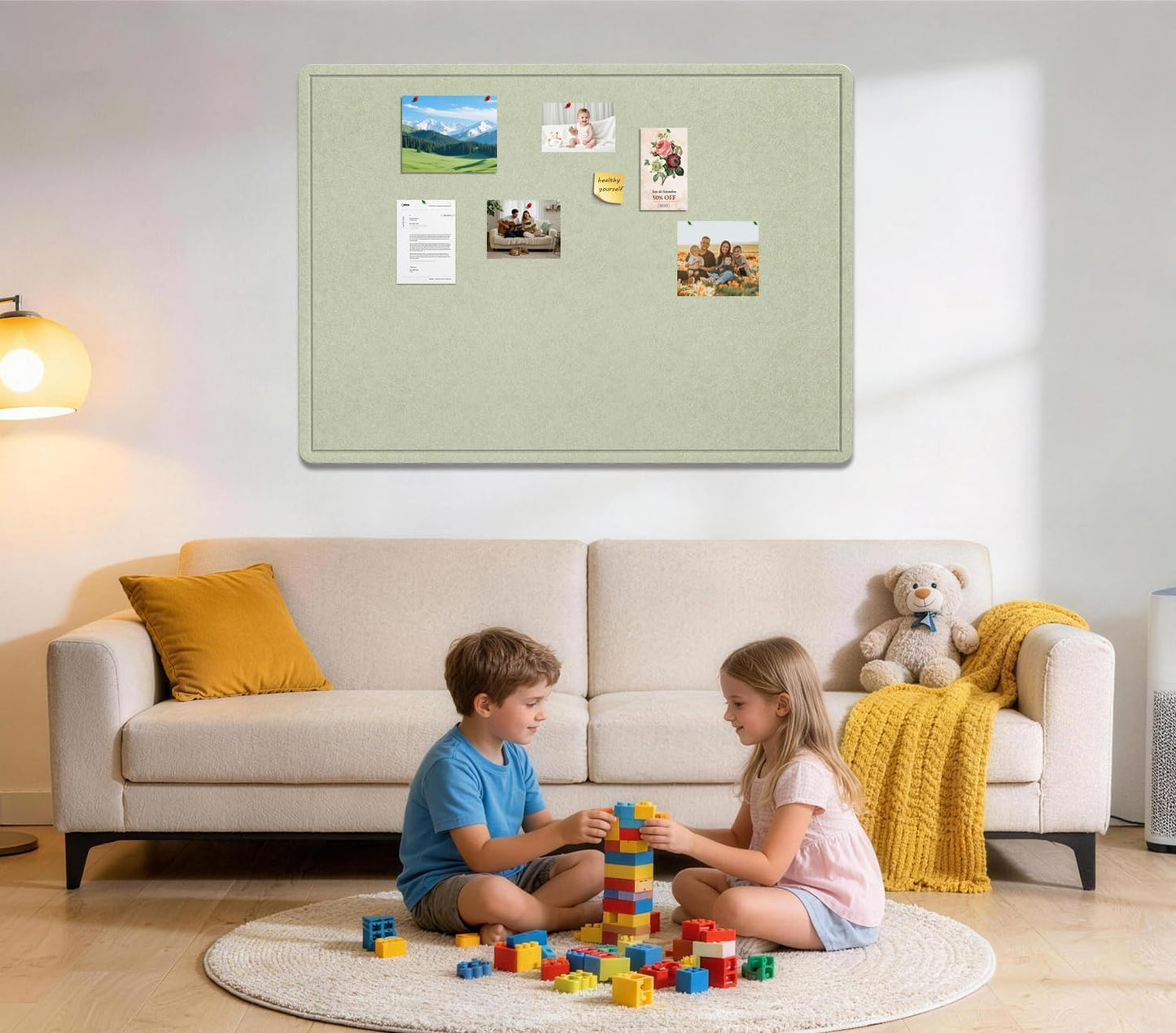 Bulletin Board - 35 x 17.5 inches Decorative Felt Pin Board - Cork Board Alternative for Wall - Foldable Photo Board Self-Adhesive Prayer Board with 20 Pushpins - Sage Green